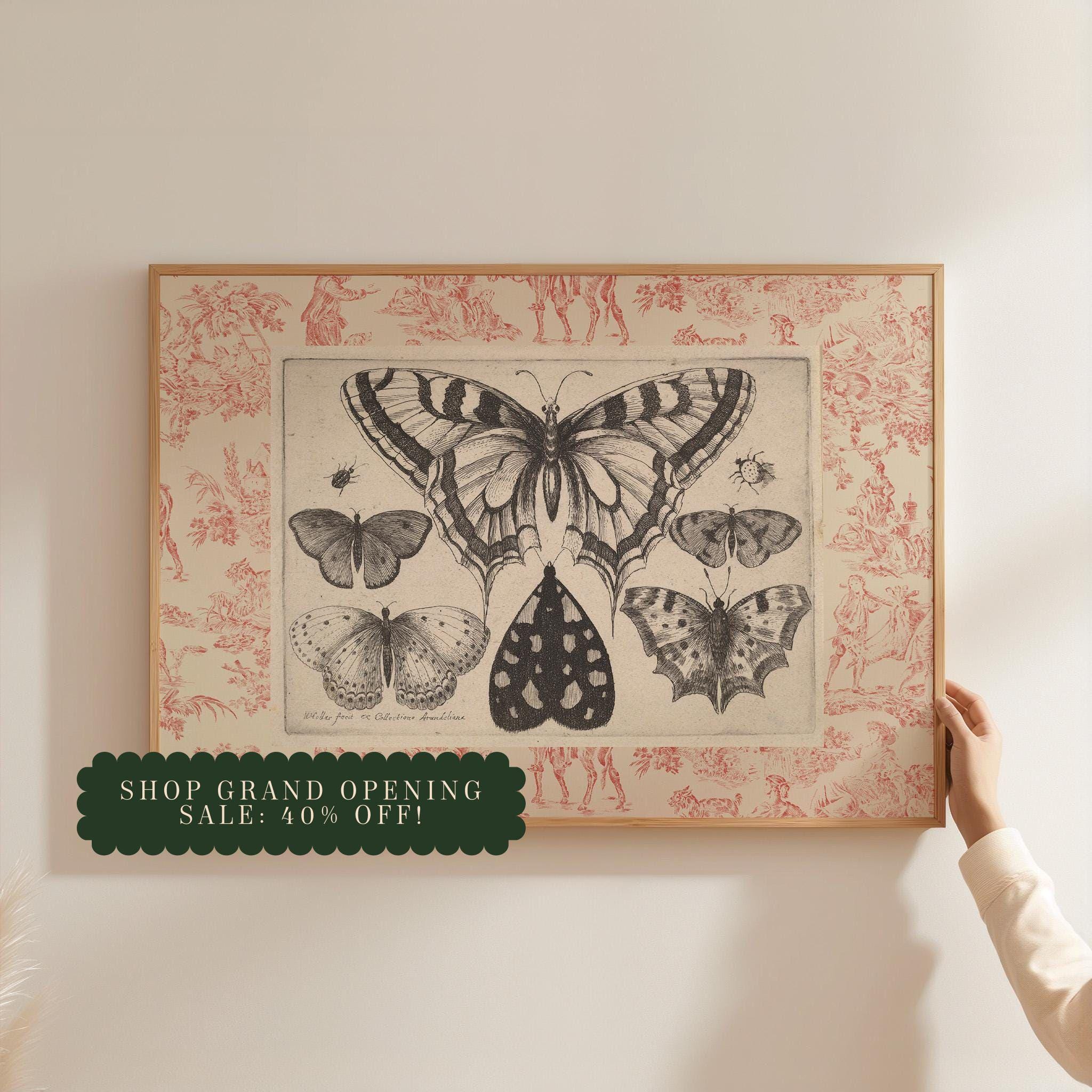 Vintage Pink Toile Butterfly Print, Digital Downloadable Wall Art, Trendy Decor, Botanical illustration, Living Room Art, Cottage, Nursery