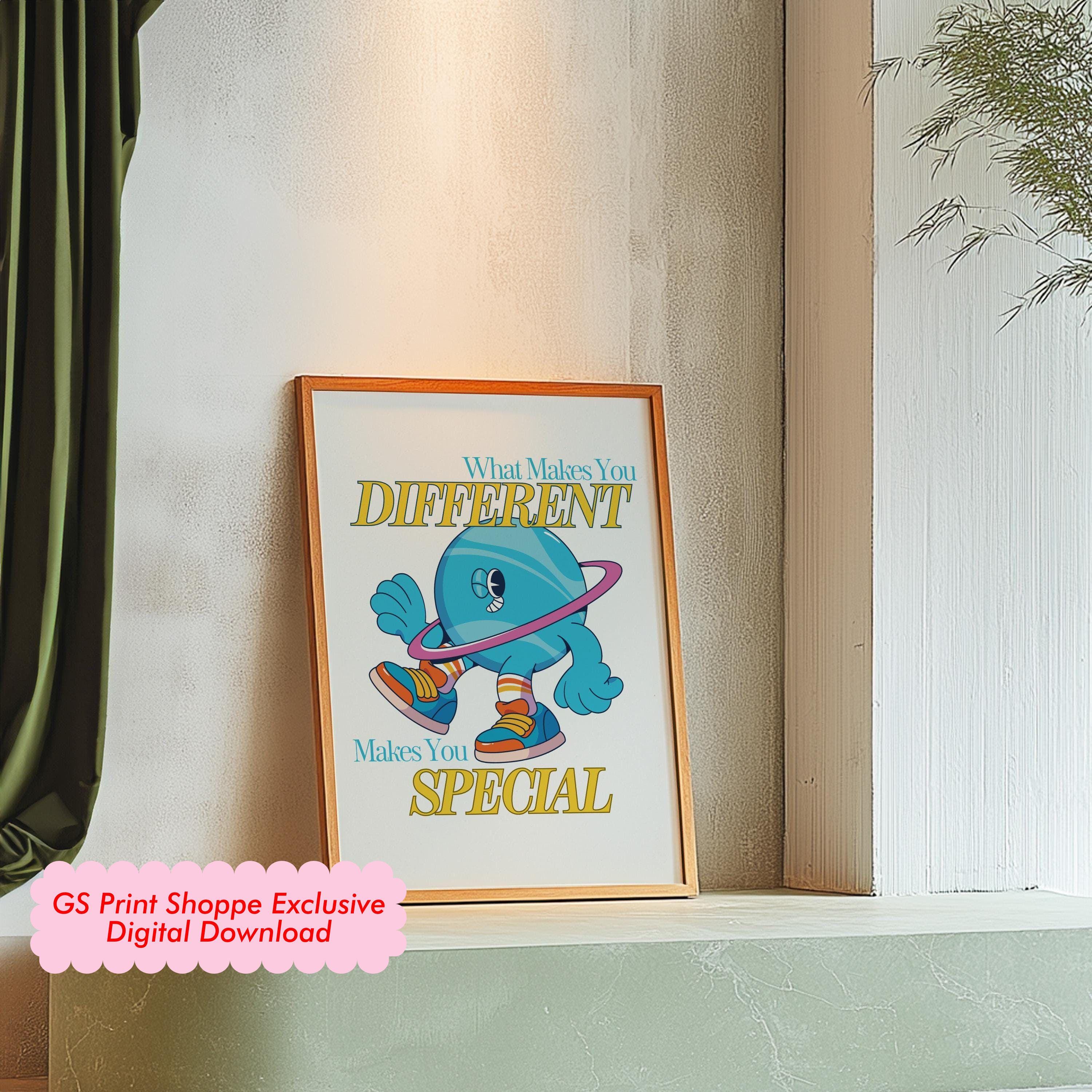 Retro Inspiration Art, Classroom Art, Cute Vintage Print, Planet Cartoon, Kids Mascot Print, Funky Groovy Minimal Retro Poster