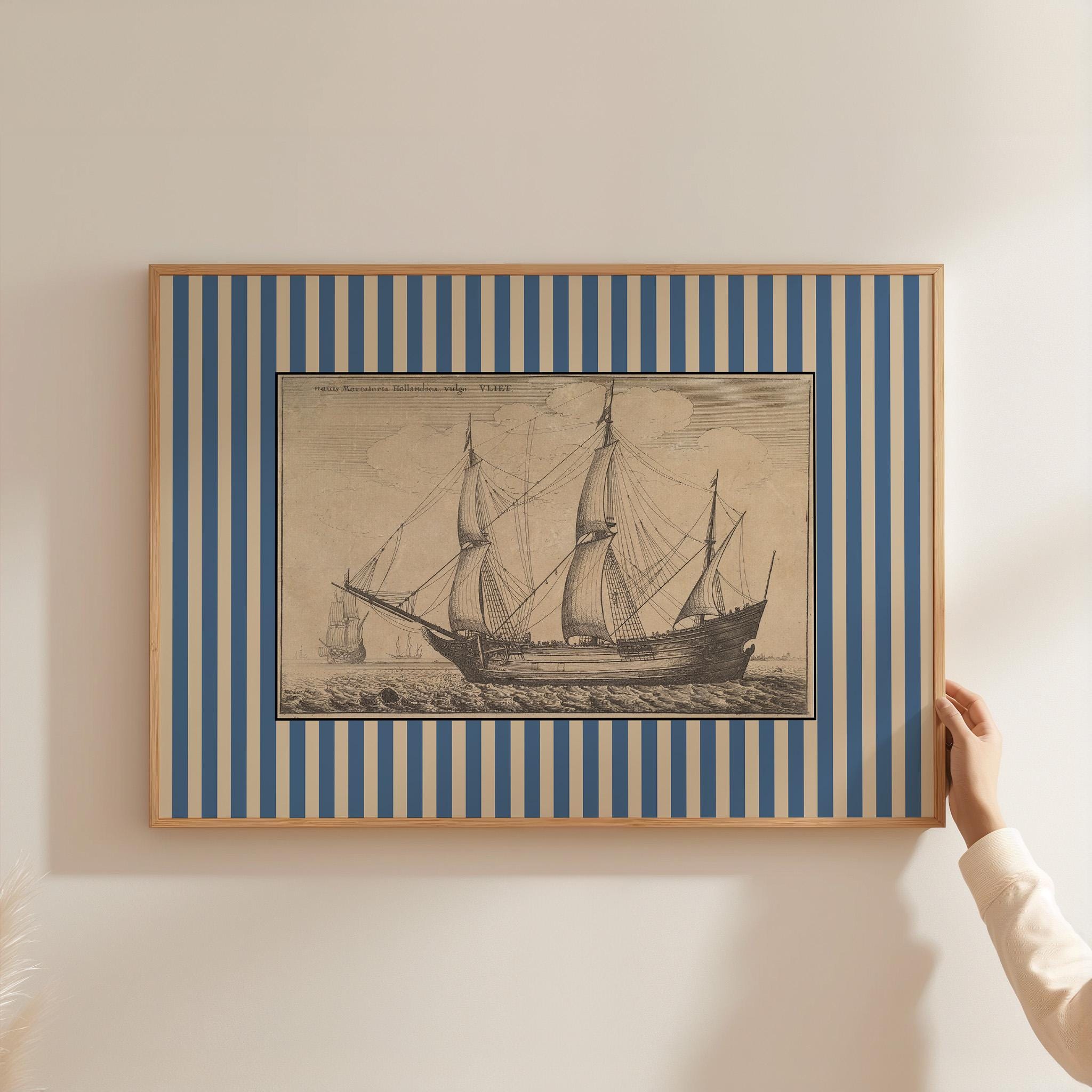Ship Sketch Digital Download, Vintage Nautical Nursery Decor, Sailing Art Print, Antique Boat Drawing, Sea Wall Art for Kids Room, Striped