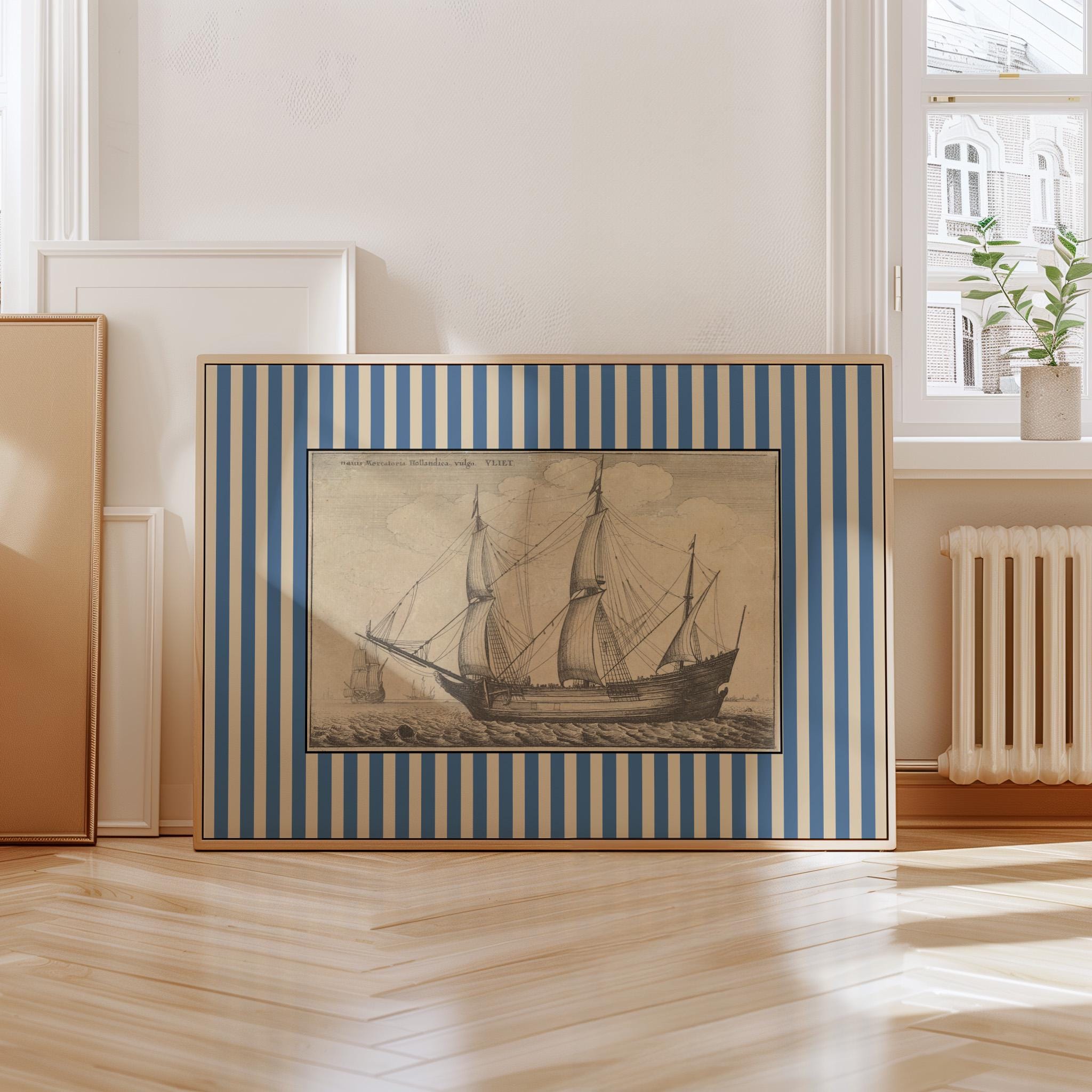 Ship Sketch Digital Download, Vintage Nautical Nursery Decor, Sailing Art Print, Antique Boat Drawing, Sea Wall Art for Kids Room, Striped