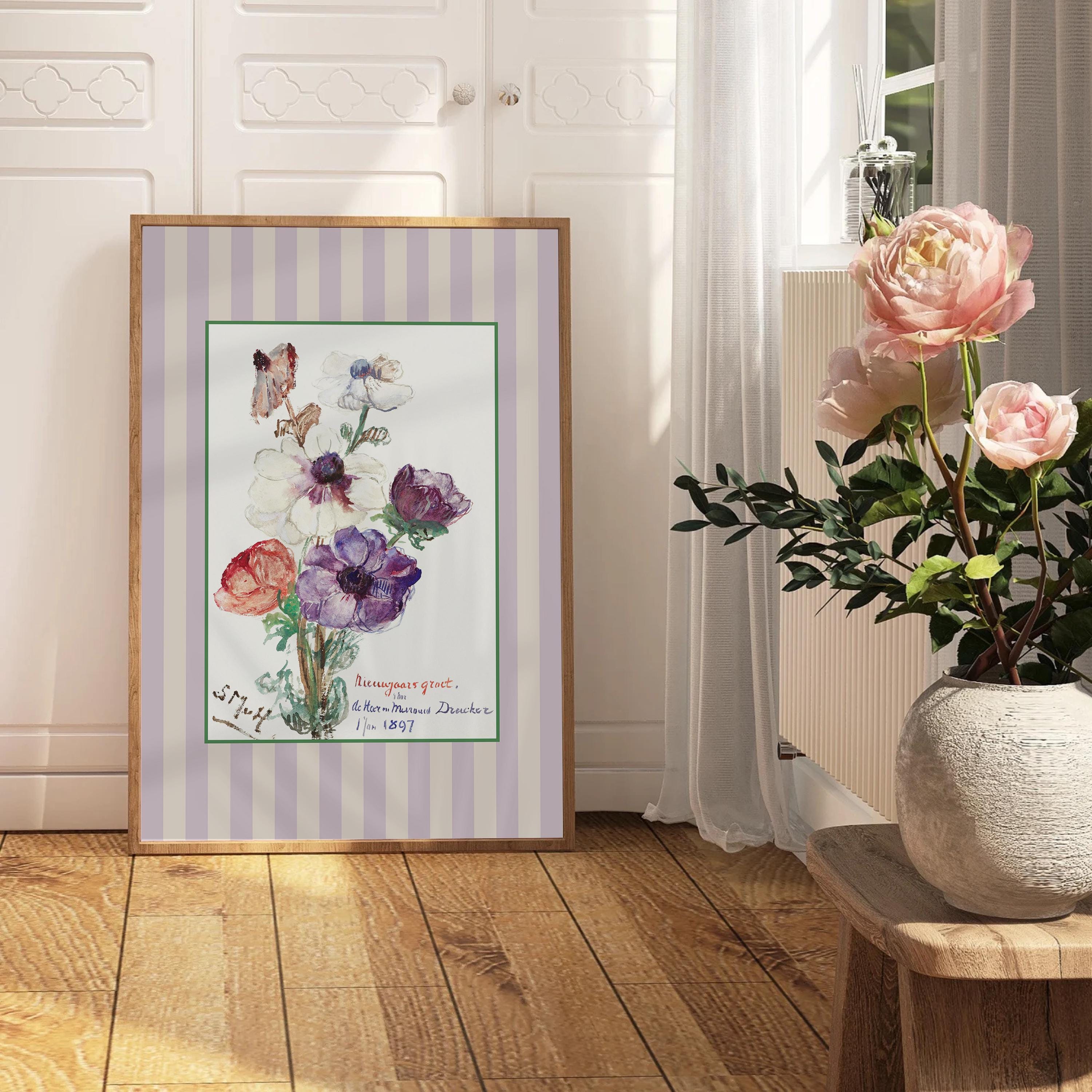 Floral Art Print - Vintage Flower Decor, Cottagecore Neutral Aesthetic, Striped Botanical Wall Art, Digital DOWNLOAD, Home Decor