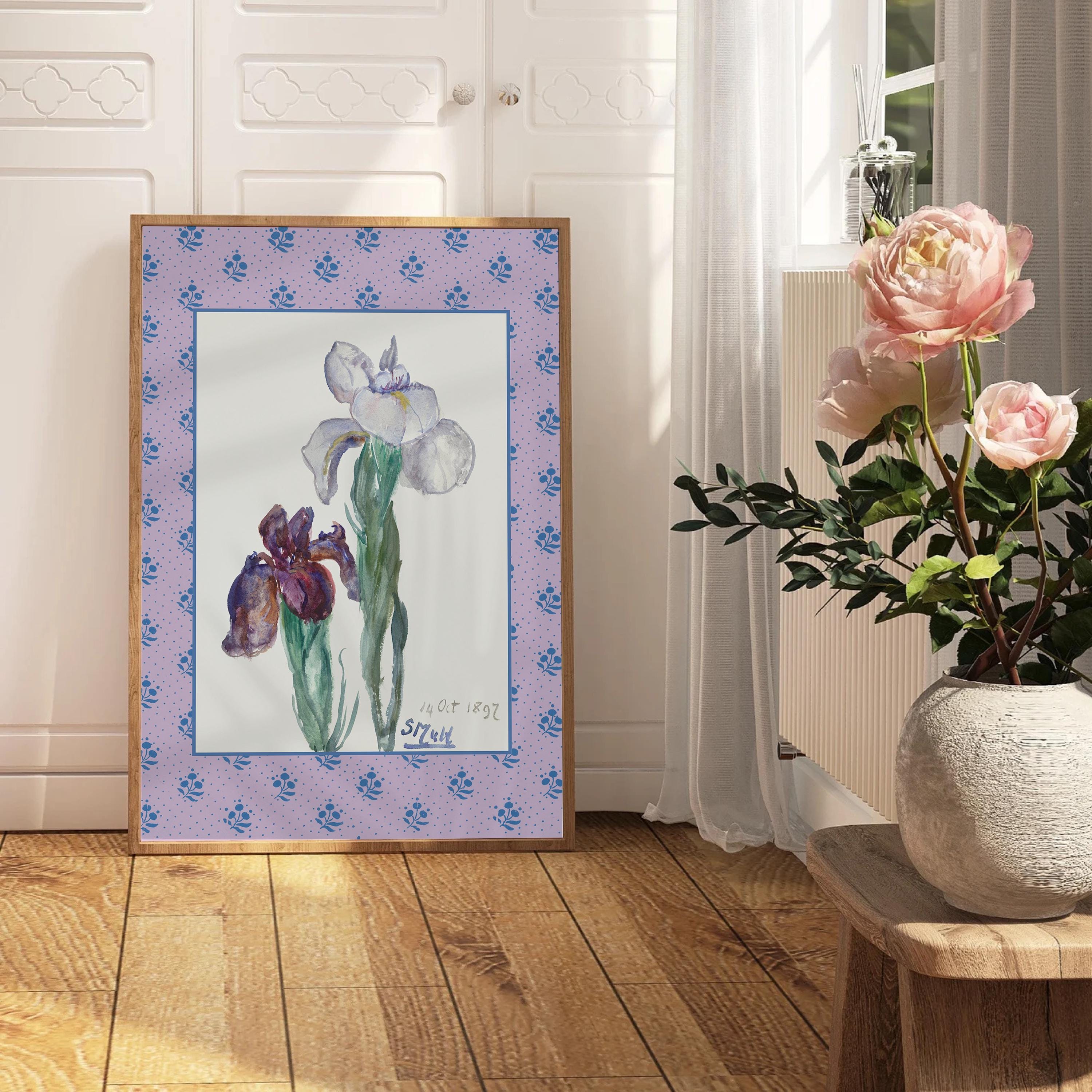 Vintage Botanical Prints, Purple Floral Poster, Antique Flower Art for Nursery Decor, Vintage Floral Wall Art, Block Art Print Decor, Iris