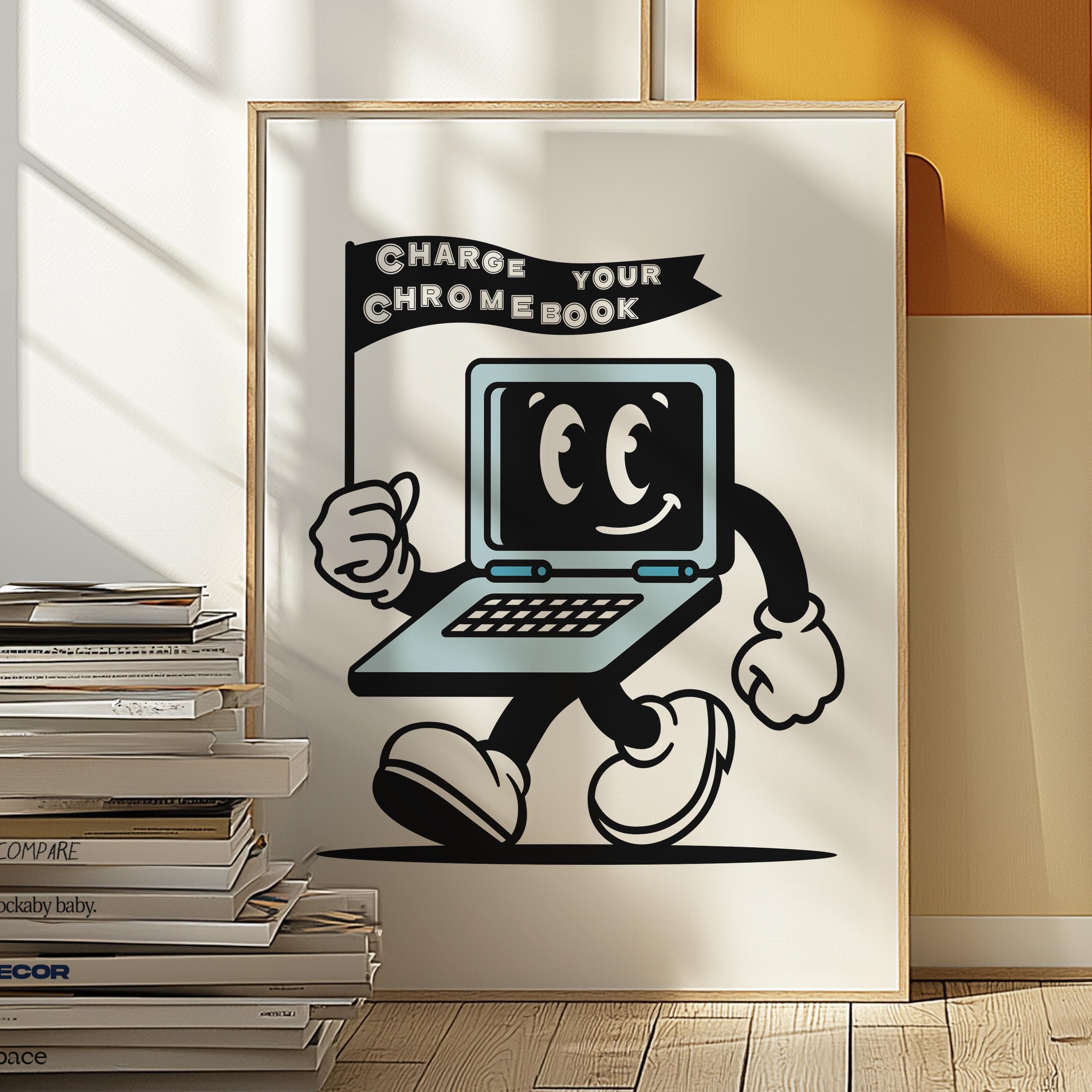 Classroom Wall Decor - Retro 70s Art Print, Digital Download Cartoon Character for Chromebook Charging, Unique Educational Decor