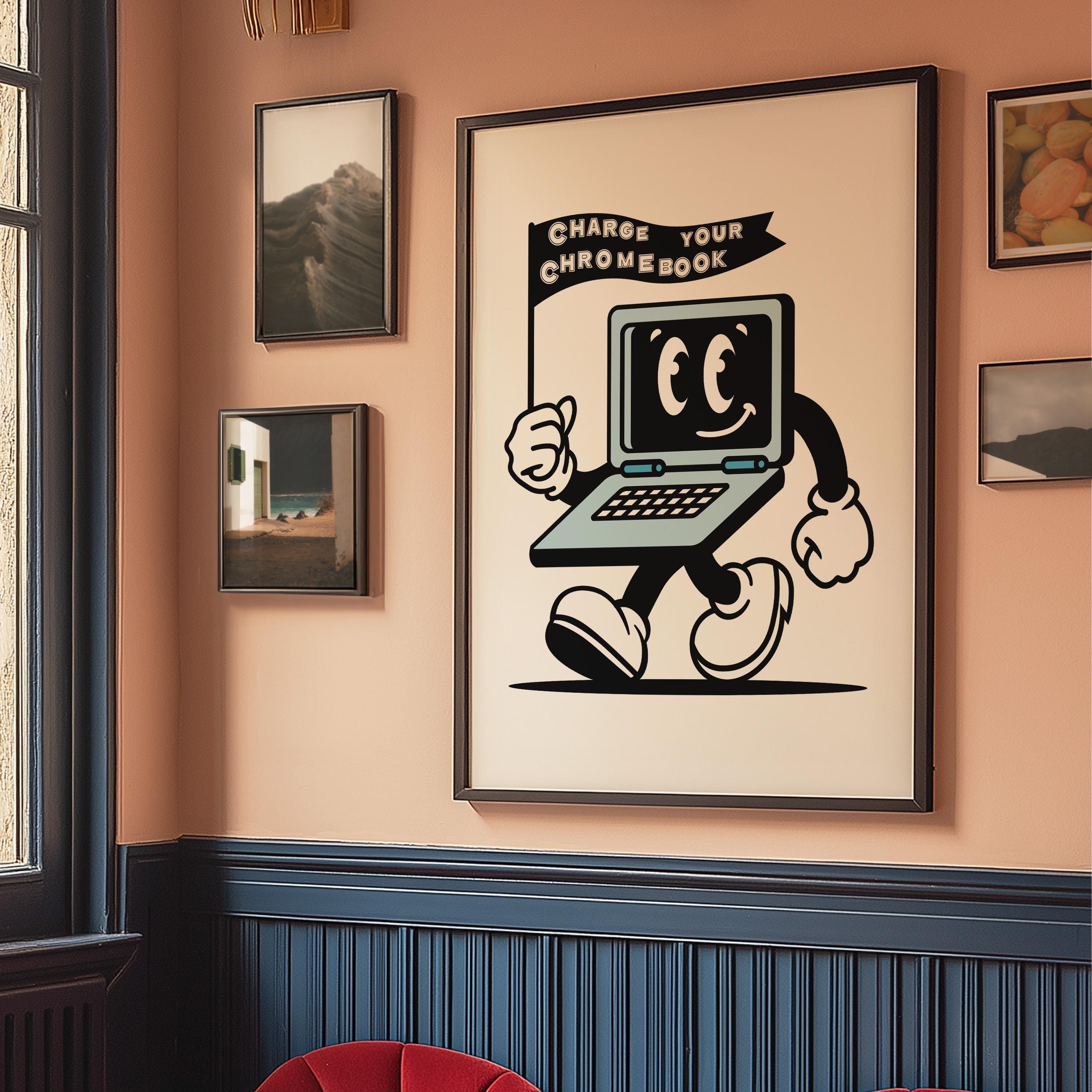 Classroom Wall Decor - Retro 70s Art Print, Digital Download Cartoon Character for Chromebook Charging, Unique Educational Decor