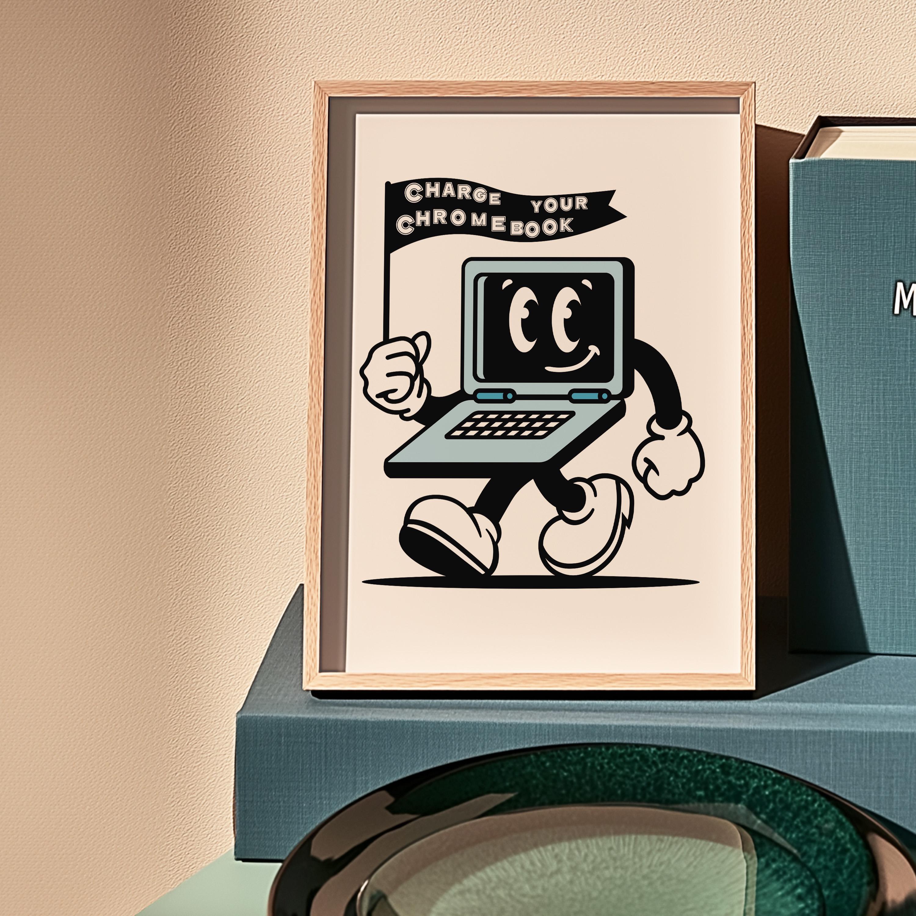 Classroom Wall Decor - Retro 70s Art Print, Digital Download Cartoon Character for Chromebook Charging, Unique Educational Decor