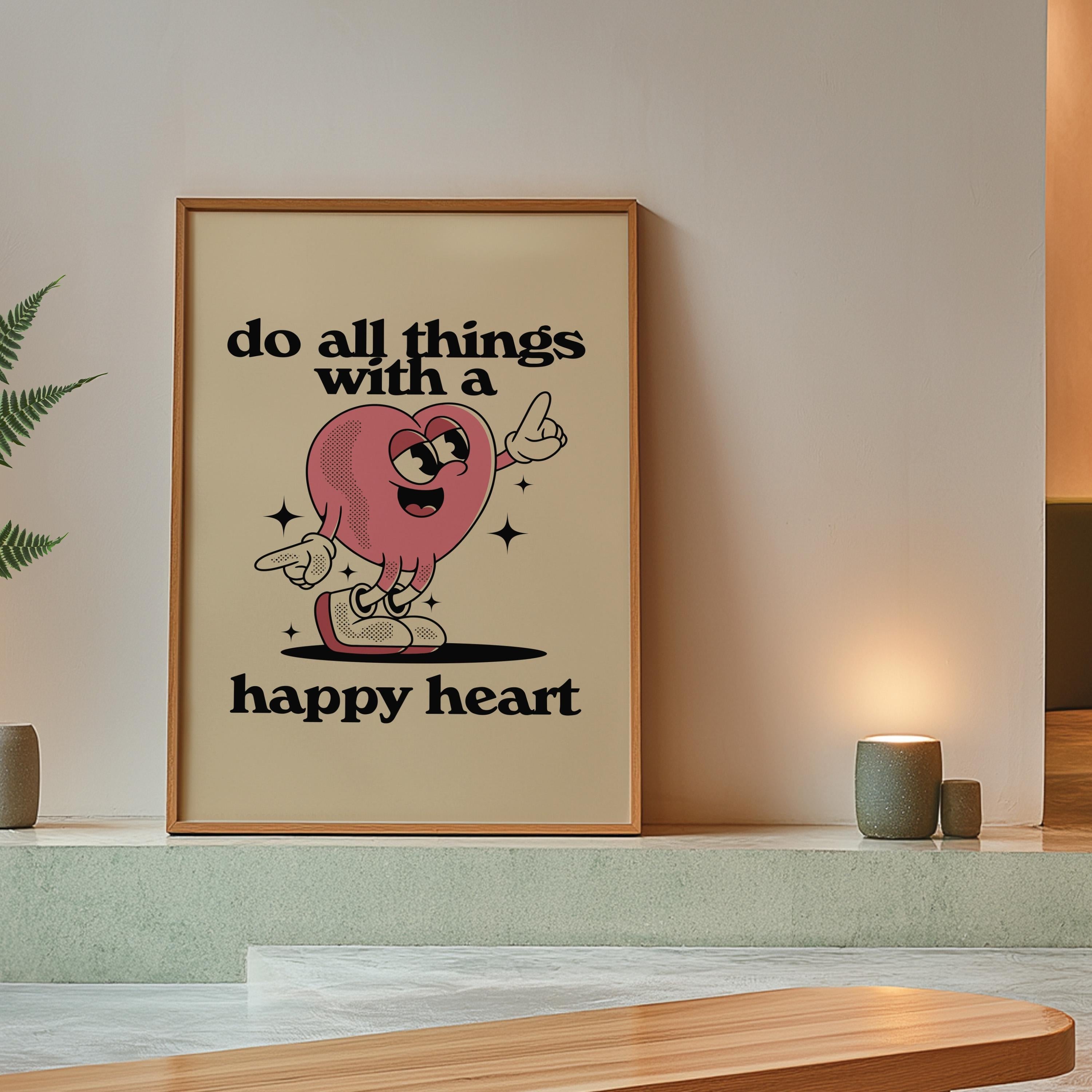 Happy Heart Trendy Posters | Classroom Art & Kids Room Downloadable Print | Cute Cartoon Vintage Mascot Art