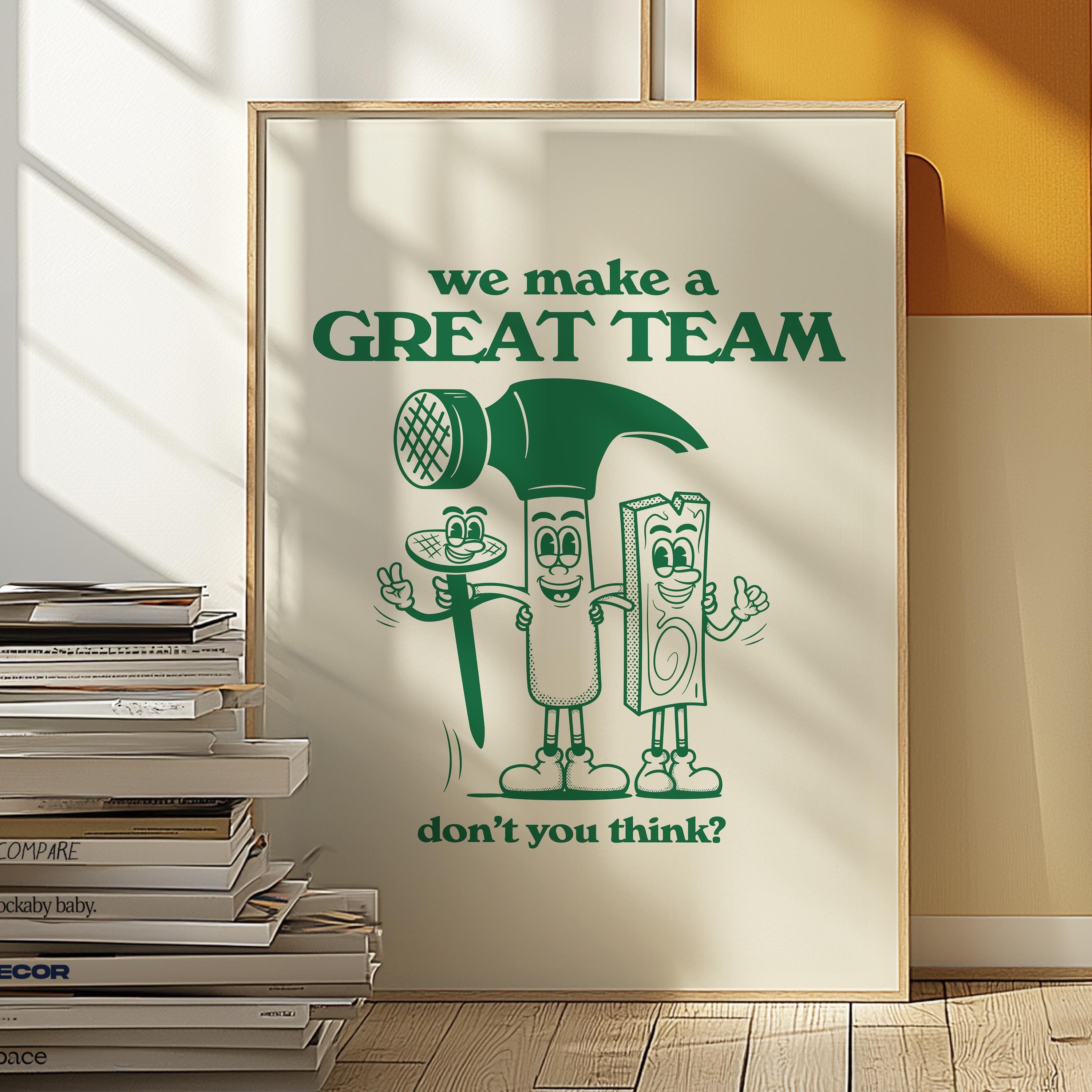 Kids Room Decor: Class Decor School Poster, Teamwork Classroom Art Print, Green Wall Art, Retro Cartoon Inspiration for Kids, Team Art