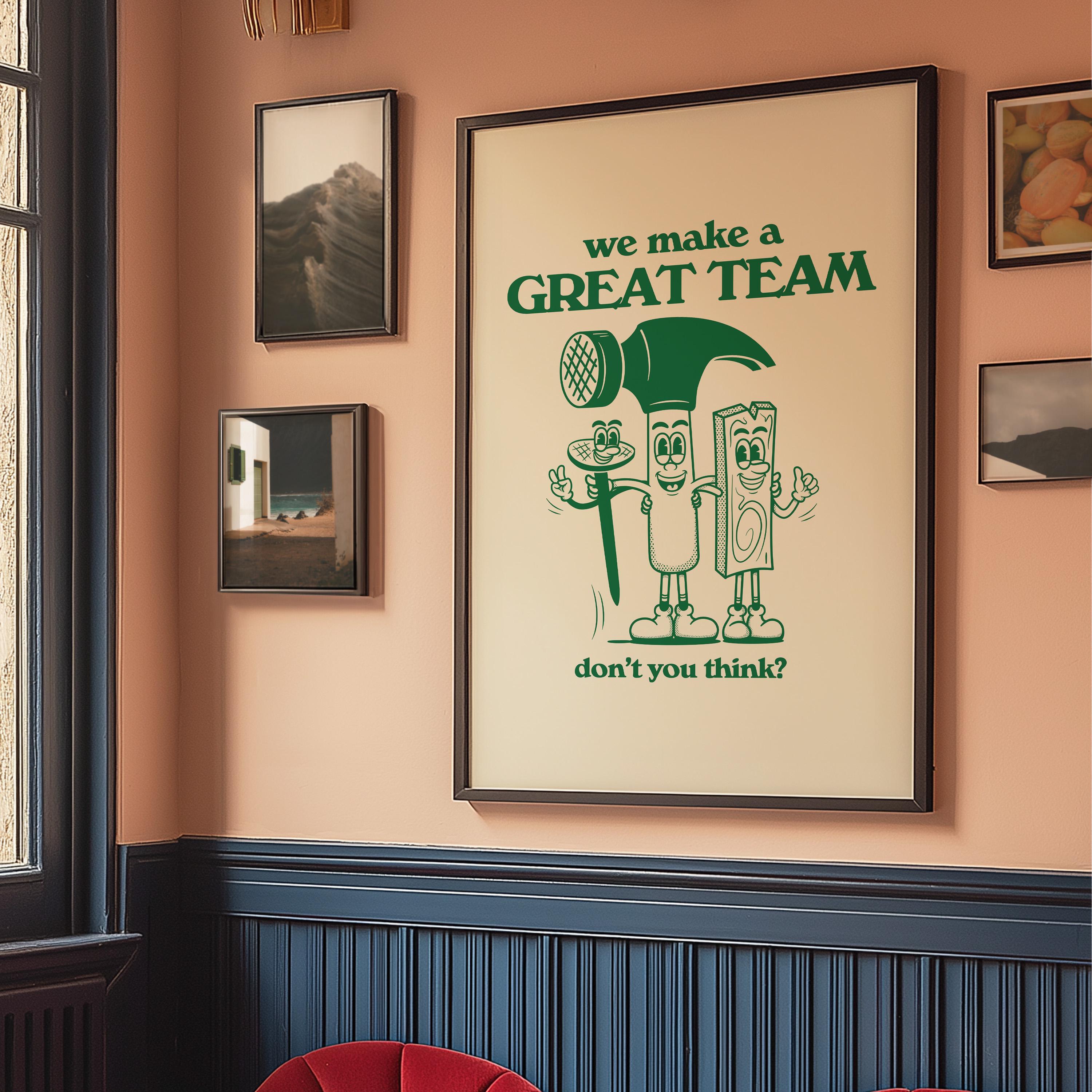 Kids Room Decor: Class Decor School Poster, Teamwork Classroom Art Print, Green Wall Art, Retro Cartoon Inspiration for Kids, Team Art