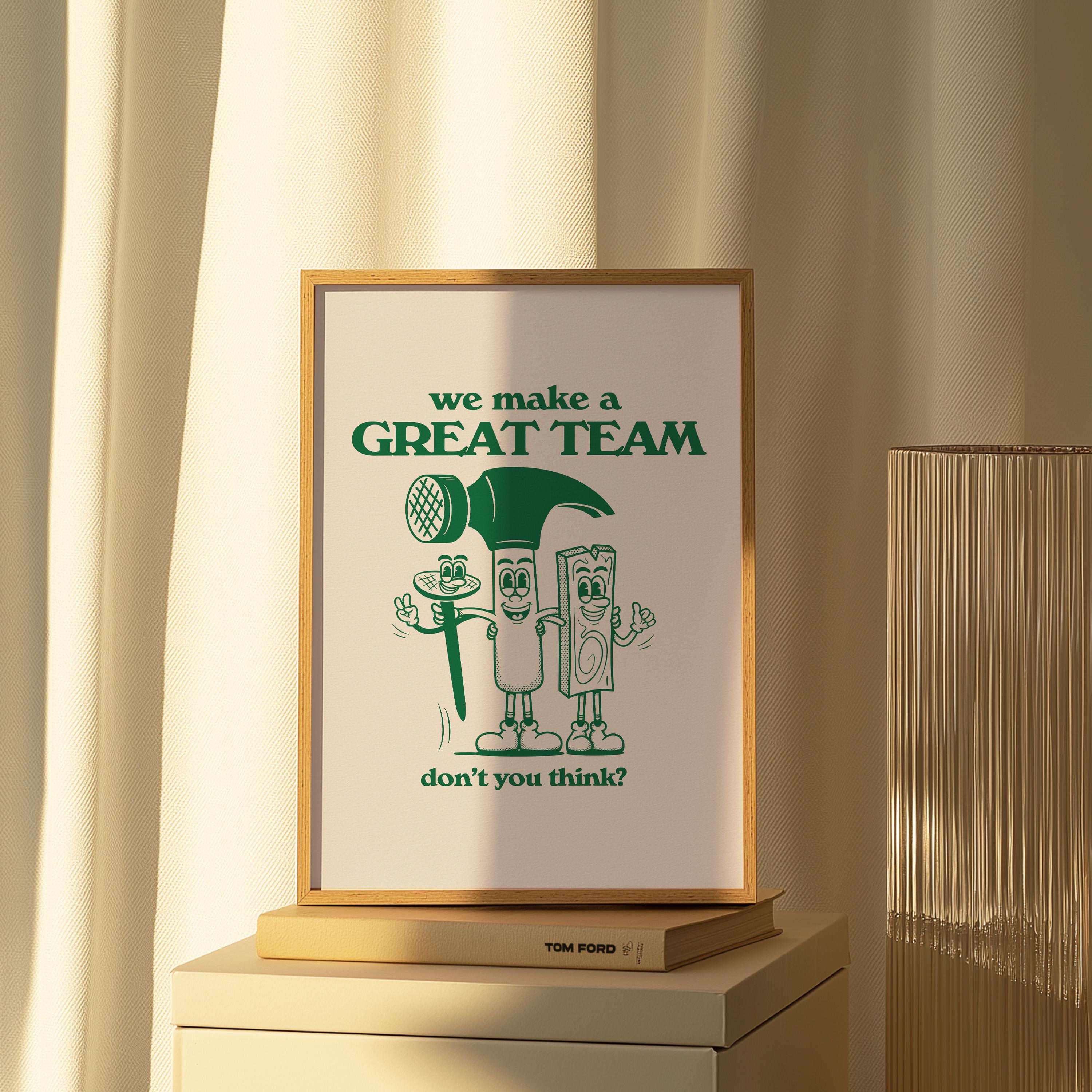 Kids Room Decor: Class Decor School Poster, Teamwork Classroom Art Print, Green Wall Art, Retro Cartoon Inspiration for Kids, Team Art