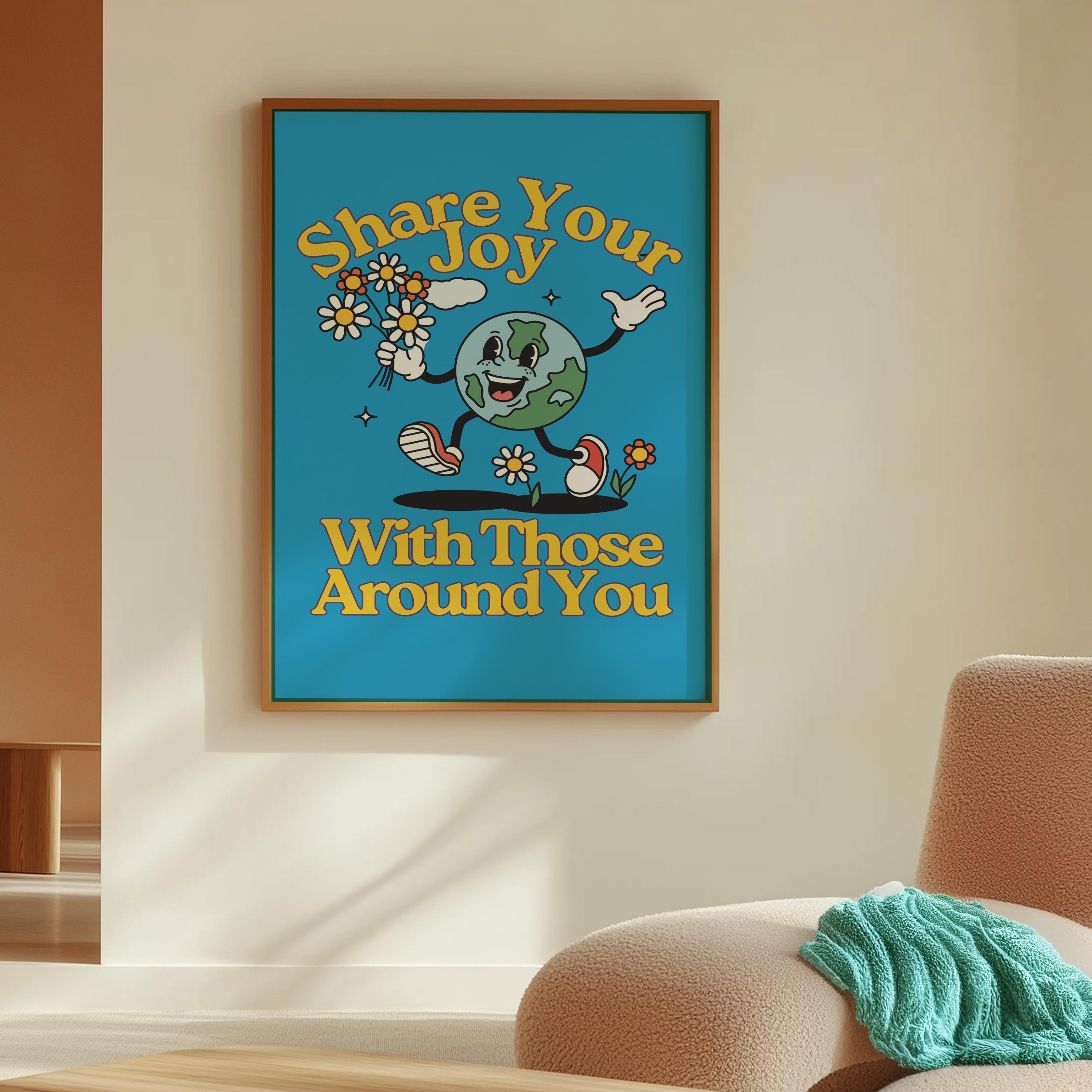 Kids Room Art Print - Cute Positive Cartoon Vintage Mascot, Downloadable Earth Poster for Classroom & Nursery Decor