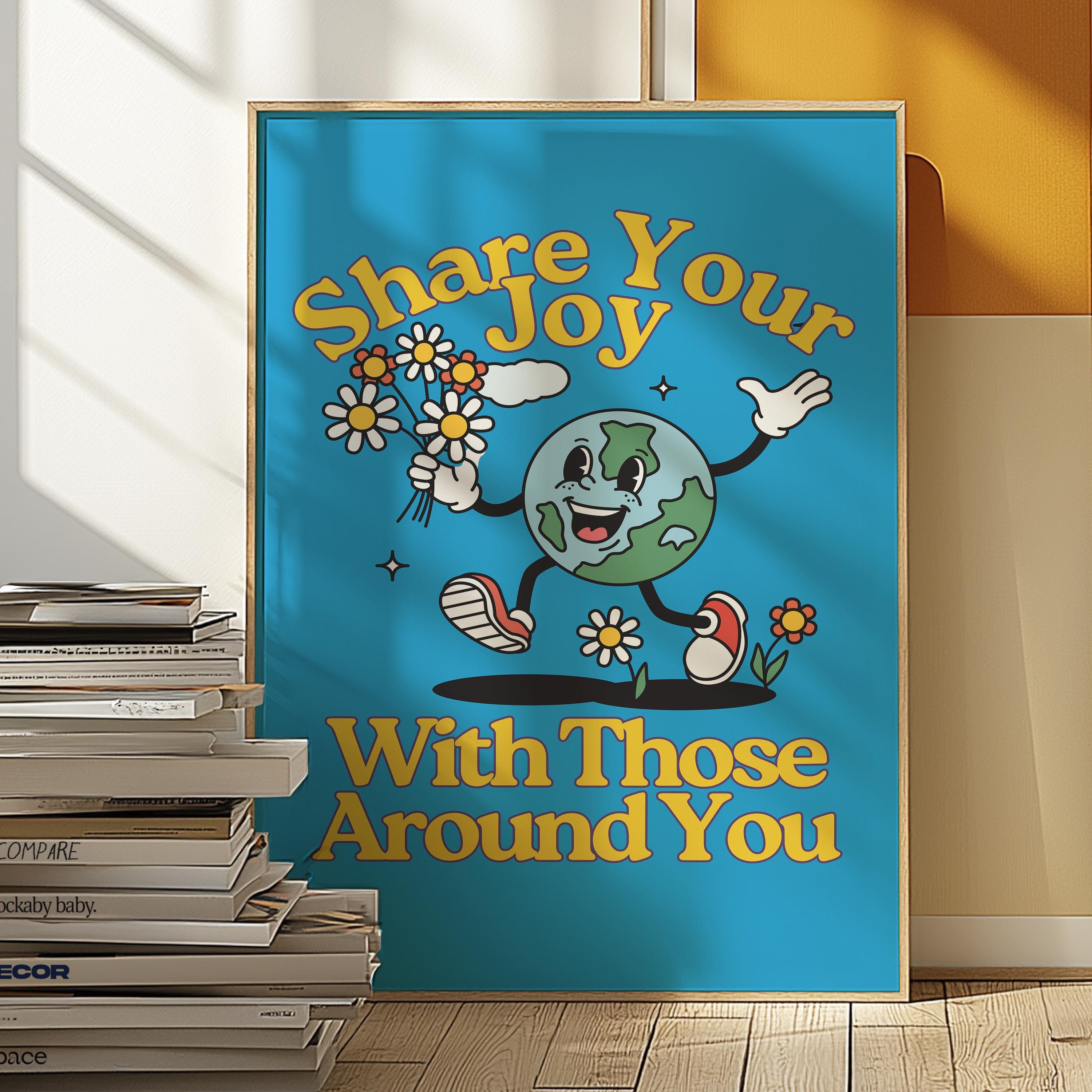Kids Room Art Print - Cute Positive Cartoon Vintage Mascot, Downloadable Earth Poster for Classroom & Nursery Decor