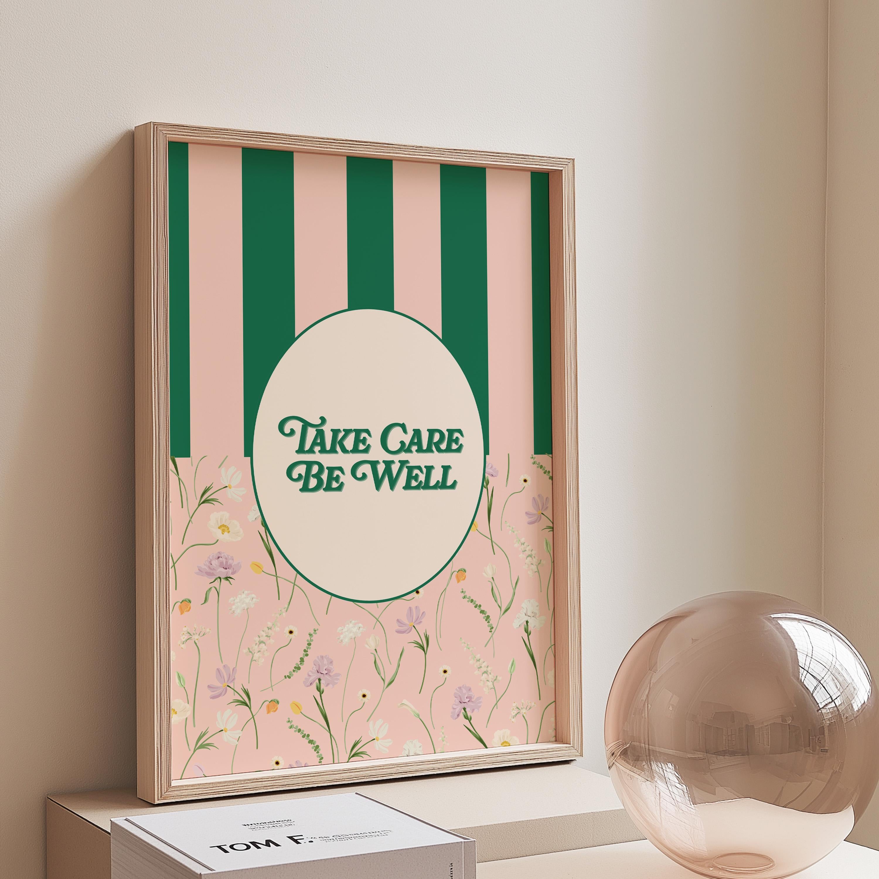 Take Care Print, Retro Typography Print, Pink Wall Print, Inspo Art, Positivity Poster, Striped Art Print, Trendy Art Posters, Bedroom decor