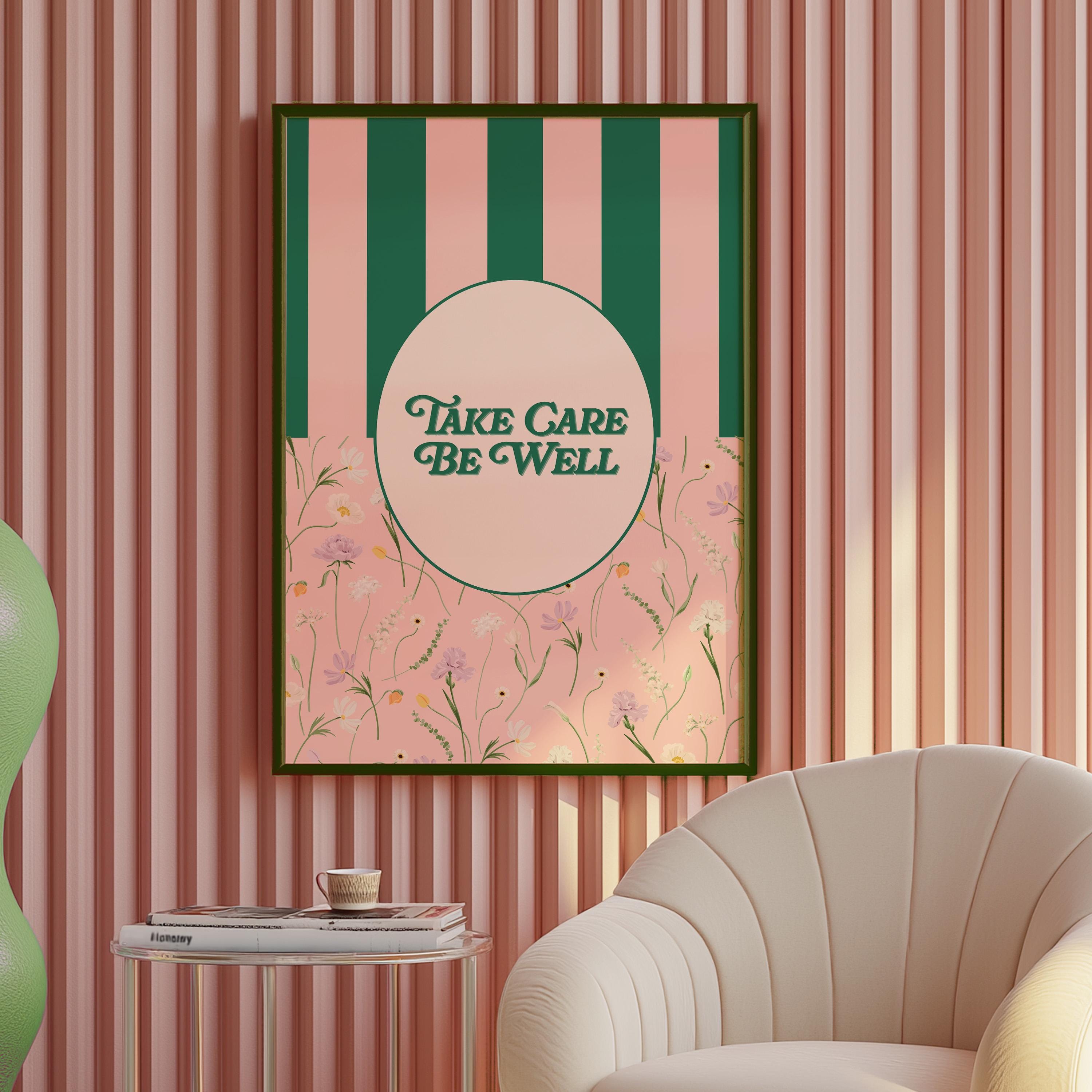 Take Care Print, Retro Typography Print, Pink Wall Print, Inspo Art, Positivity Poster, Striped Art Print, Trendy Art Posters, Bedroom decor