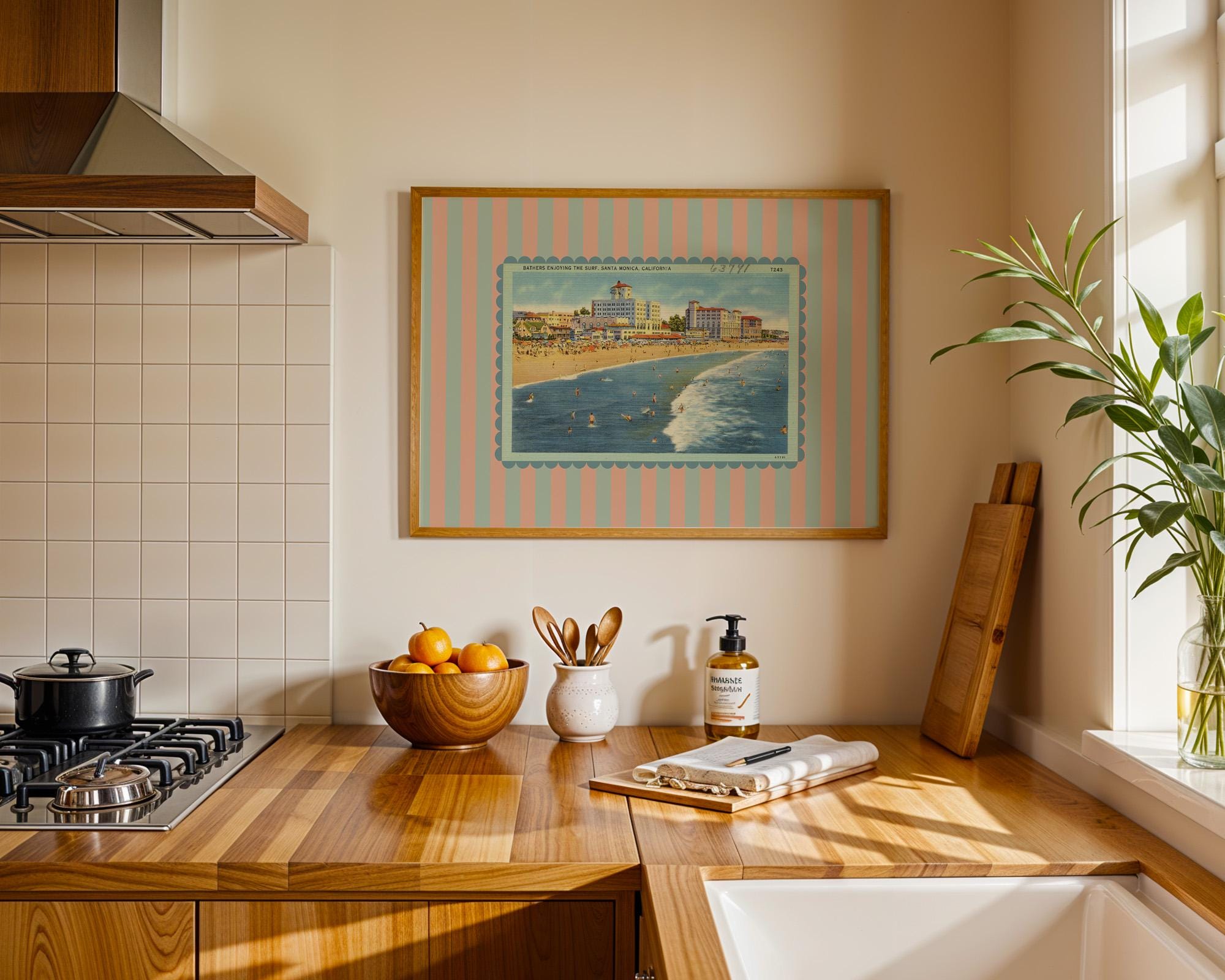 Beach Art Decor, Vintage Beach Art, Santa Monica Art, Trendy Striped Art, Los Angeles Art, Retro Print, Girls Room Art, Kids Room Decor