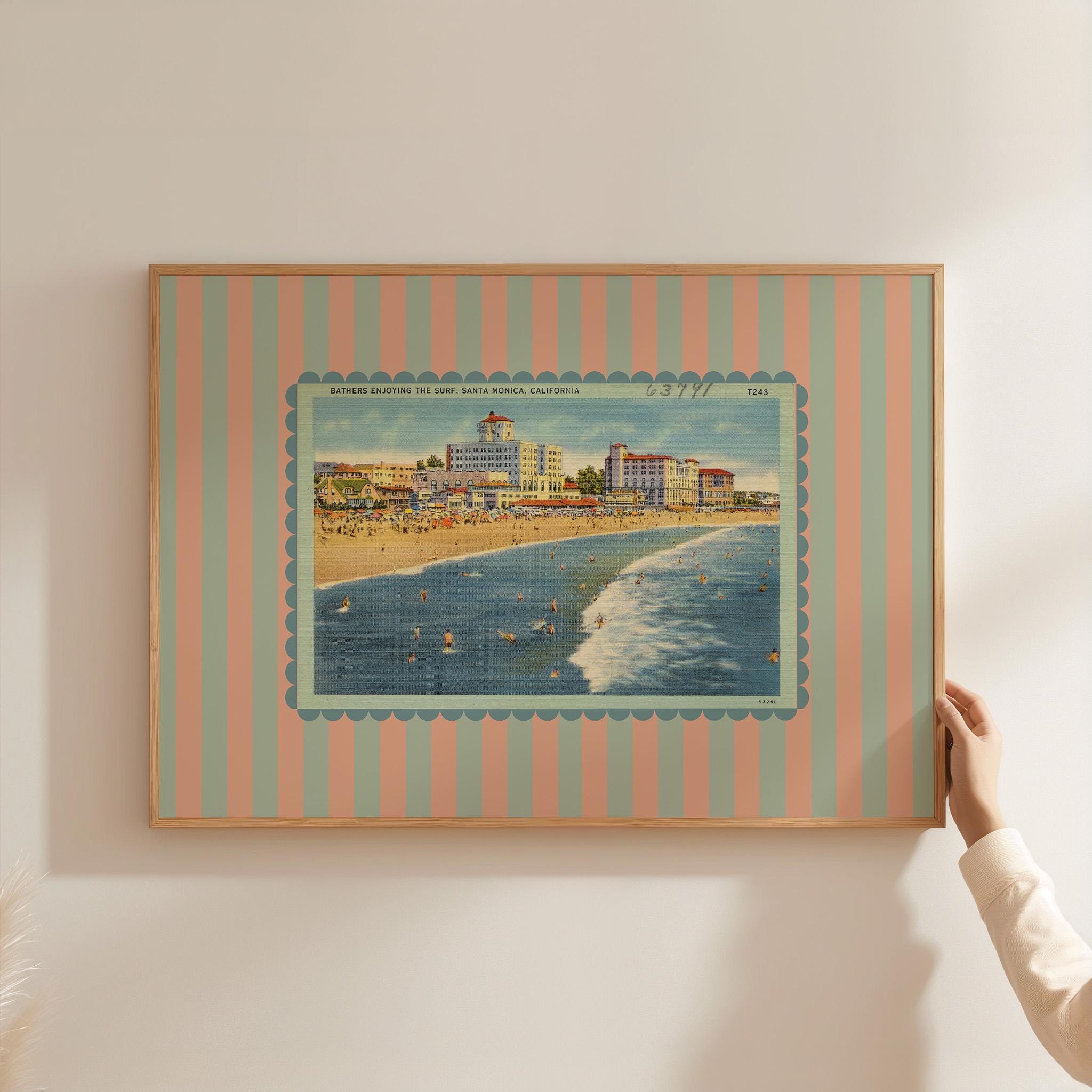 Beach Art Decor, Vintage Beach Art, Santa Monica Art, Trendy Striped Art, Los Angeles Art, Retro Print, Girls Room Art, Kids Room Decor