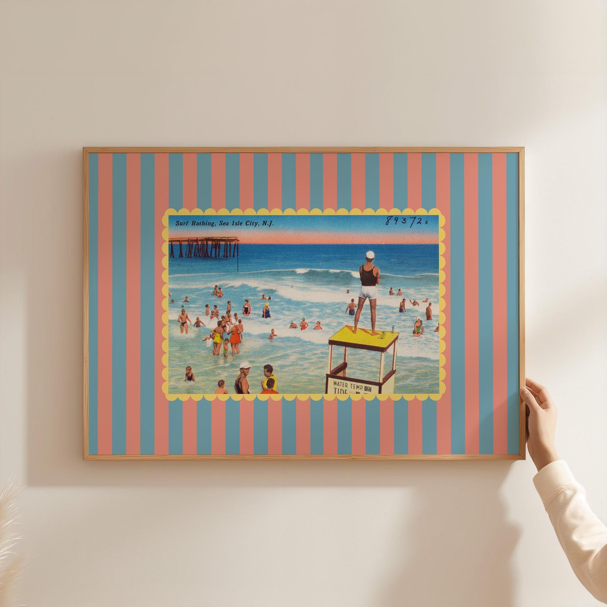 East Coast Art, Vintage Beach Art, Sea Isle Art, Trendy Striped Art, New Jersey Art, Retro Print, Girls Room Art, Kids Room Decor