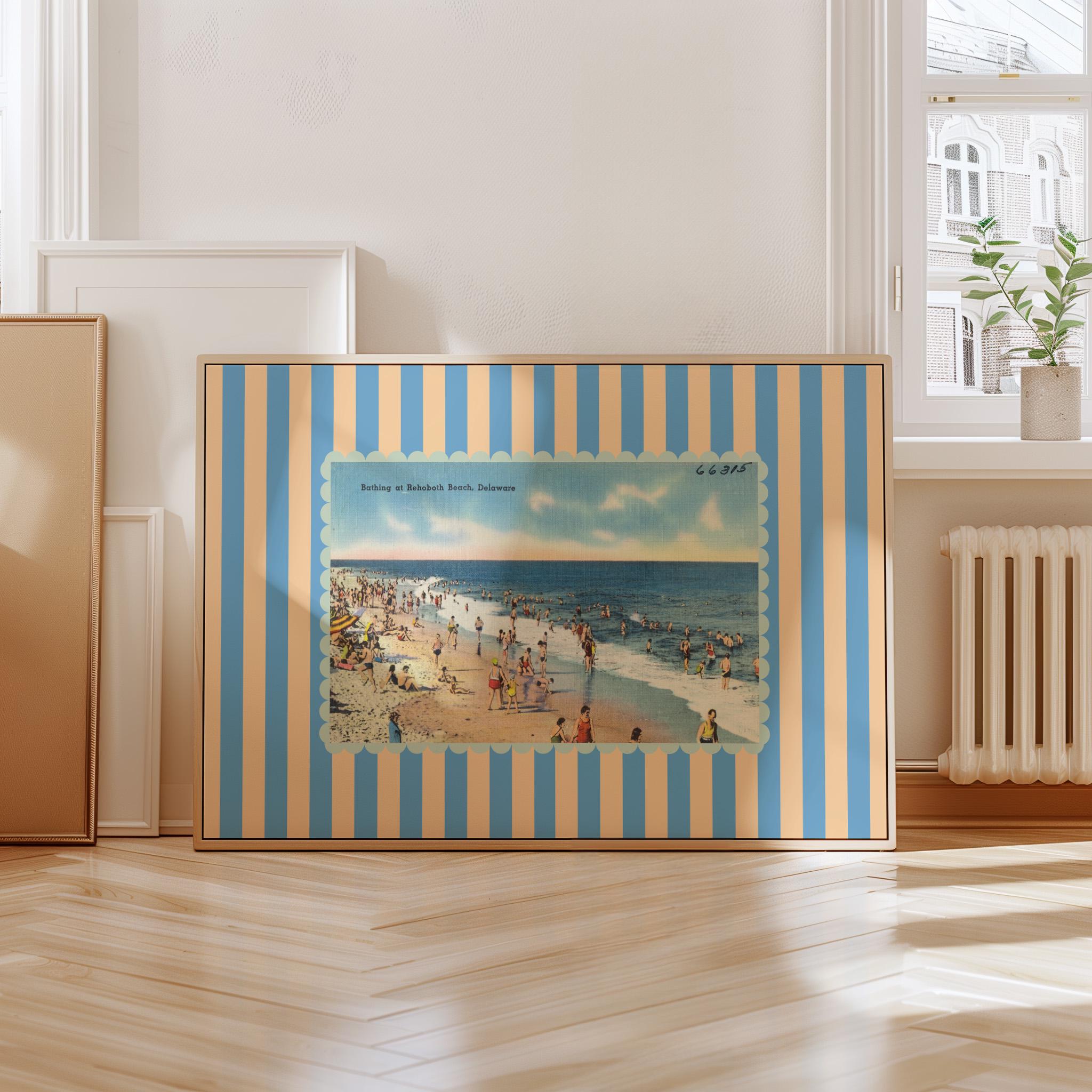 East Coast Art, Vintage Beach Art, Rehoboth Beach Art, Trendy Striped Art, Delaware Art, Retro Print, Girls Room Art, Kids Room Decor