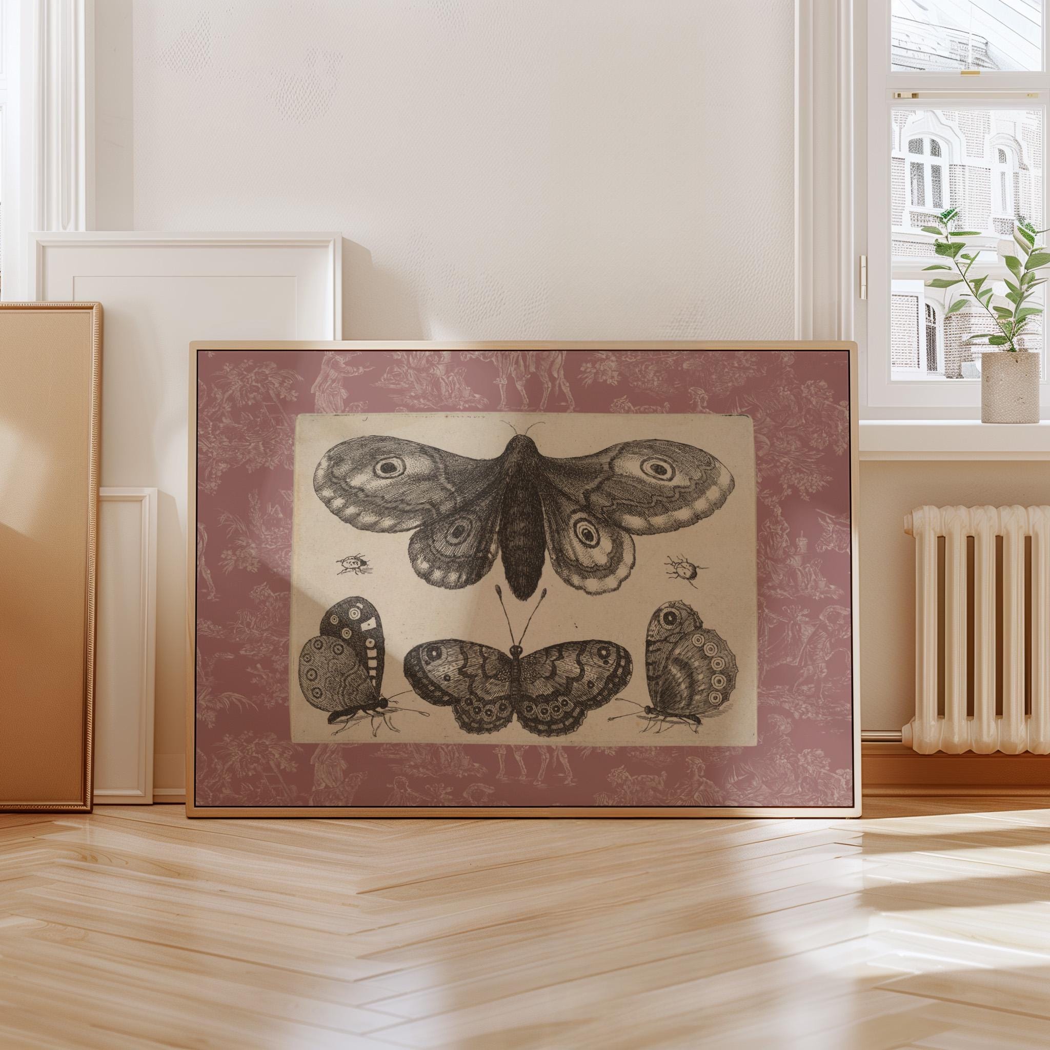 Vintage Pink Toile Butterfly Print, Digital Downloadable Wall Art, Trendy Decor, Botanical illustration, Living Room Art, Cottage, Nursery