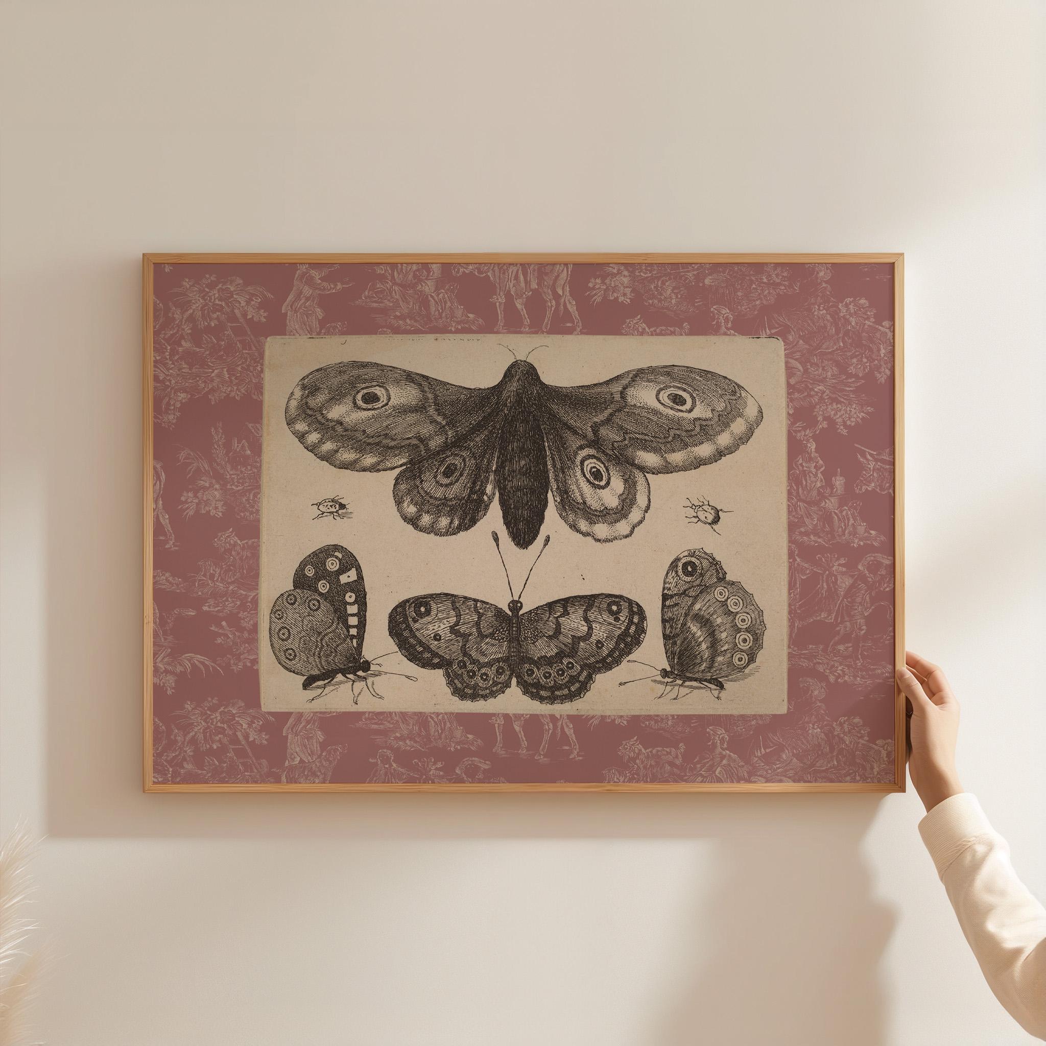 Vintage Pink Toile Butterfly Print, Digital Downloadable Wall Art, Trendy Decor, Botanical illustration, Living Room Art, Cottage, Nursery