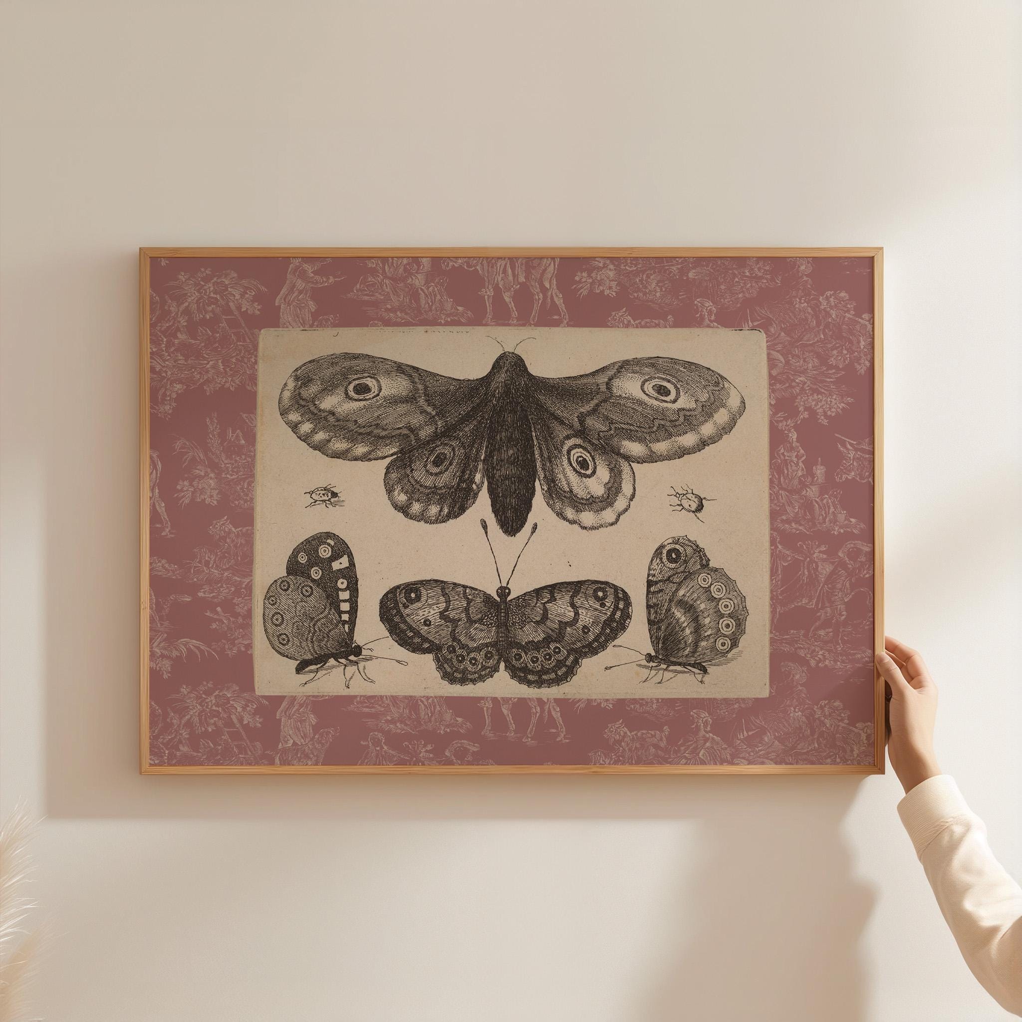 Vintage Pink Toile Butterfly Print, Digital Downloadable Wall Art, Trendy Decor, Botanical illustration, Living Room Art, Cottage, Nursery