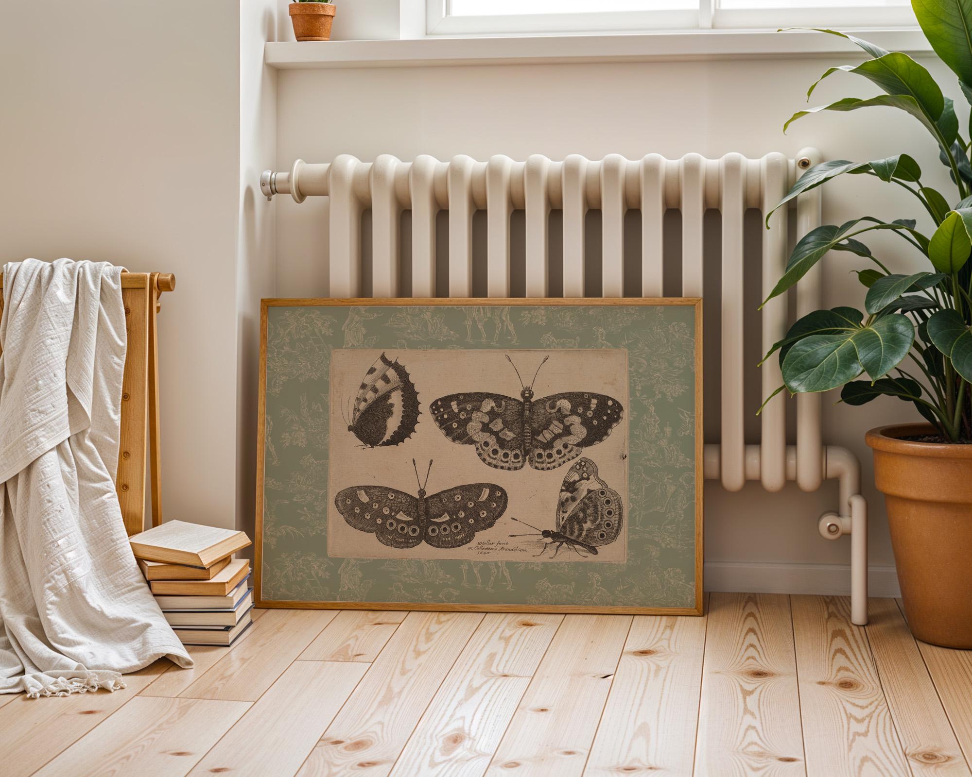 Vintage Green Toile Butterfly Print, Digital Downloadable Wall Art for Trendy Decor, Botanical Illustration for Living Room & Nursery