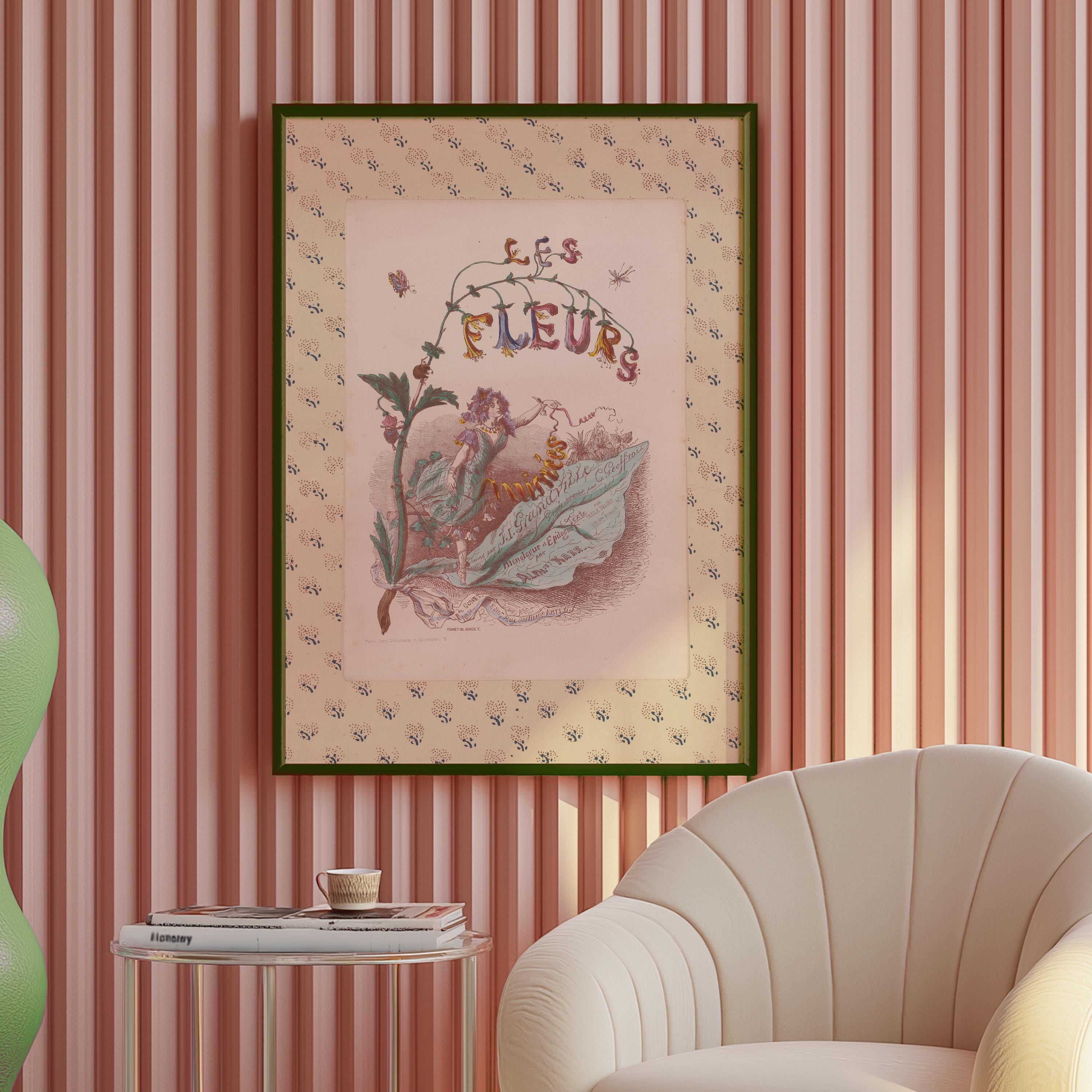 Vintage Prints: Pink Floral Poster & Antique Flower Art for Nursery Decor, Retro Wall Art Decor, Pink Vintage Art, Les Fleurs Antique Print