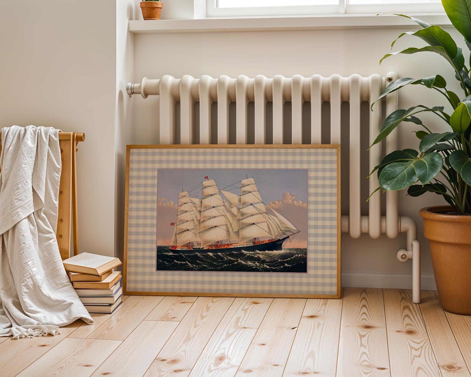 Ship Sketch Digital Download, Vintage Nautical Nursery Decor, Sailing Art Print, Antique Boat Drawing, Sea Wall Art for Kids Room, Gingham