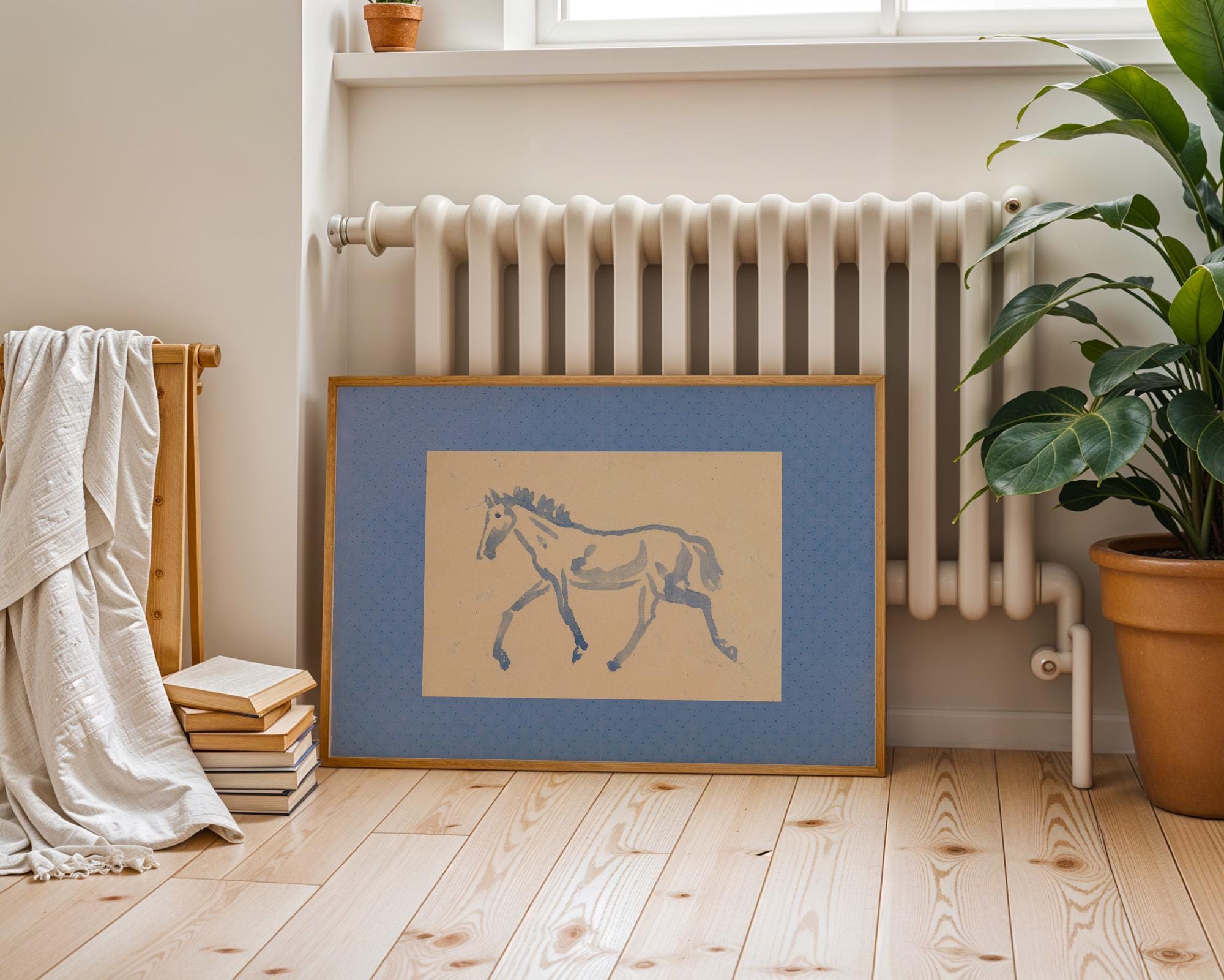 Vintage Horse Painting, Horse Portrait, Blue Horse Decor, Boys Room Decor, Watercolor Nursery, Equestrian, Farmhouse Decor, Fabric Mat