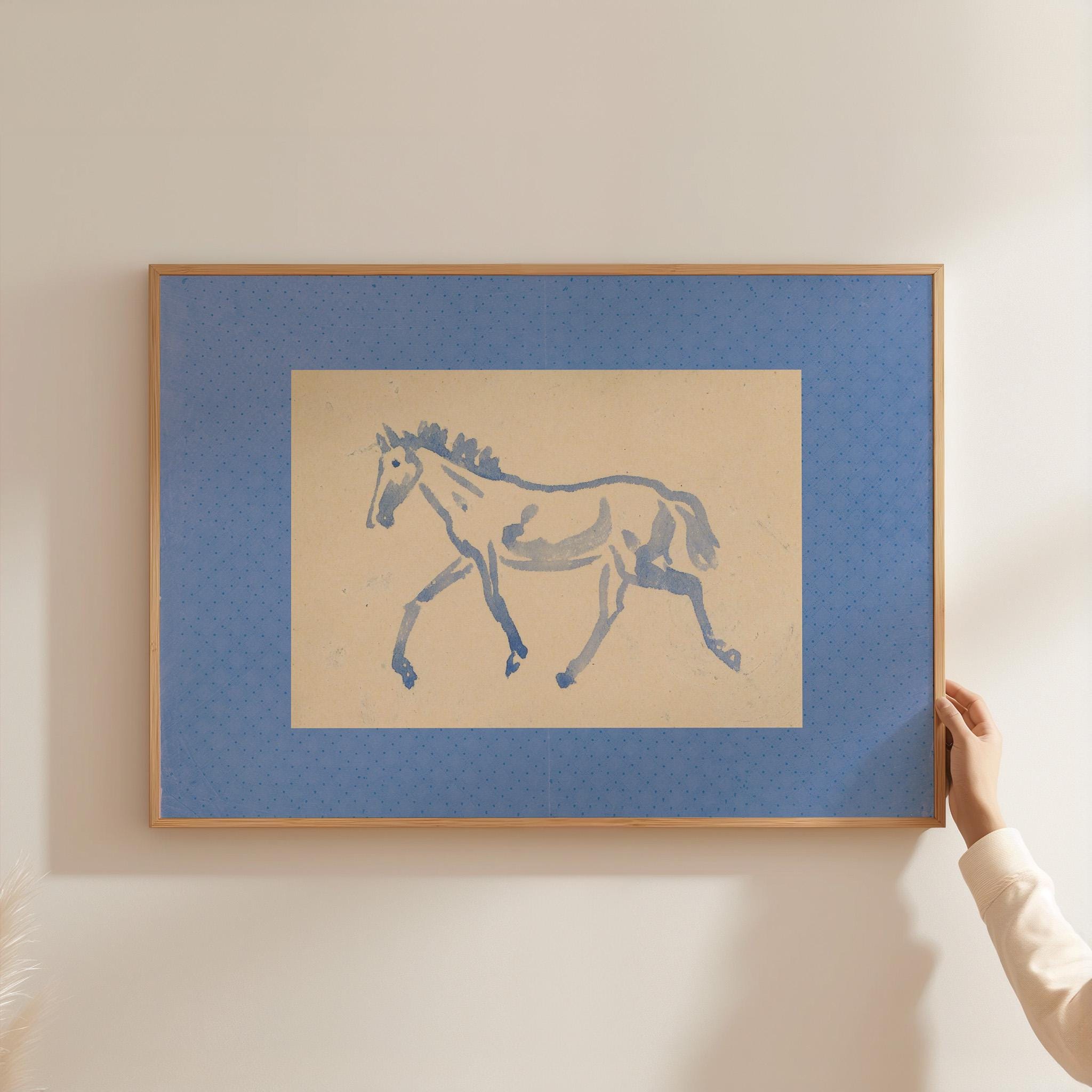 Vintage Horse Painting, Horse Portrait, Blue Horse Decor, Boys Room Decor, Watercolor Nursery, Equestrian, Farmhouse Decor, Fabric Mat