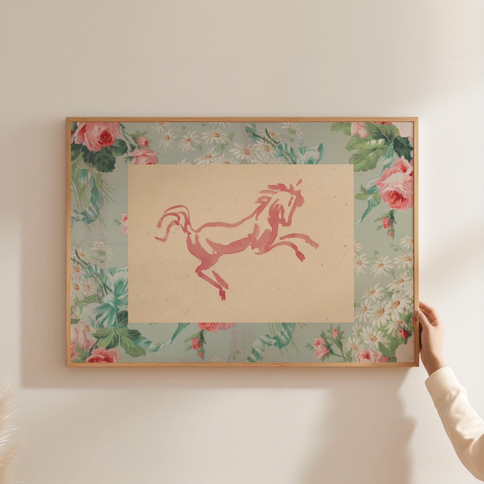 Vintage Horse Painting, Horse Portrait, Floral Horse Decor, Boys Room Decor, Watercolor Nursery, Equestrian, Farmhouse Decor, Fabric Mat