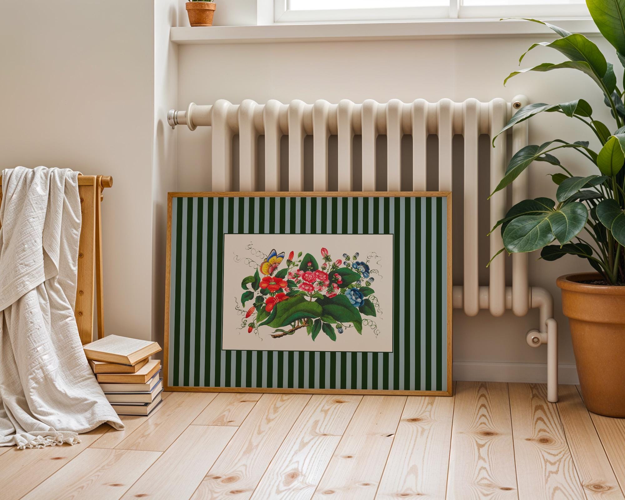 Vintage Green and Blue Striped Floral Digital Art Print