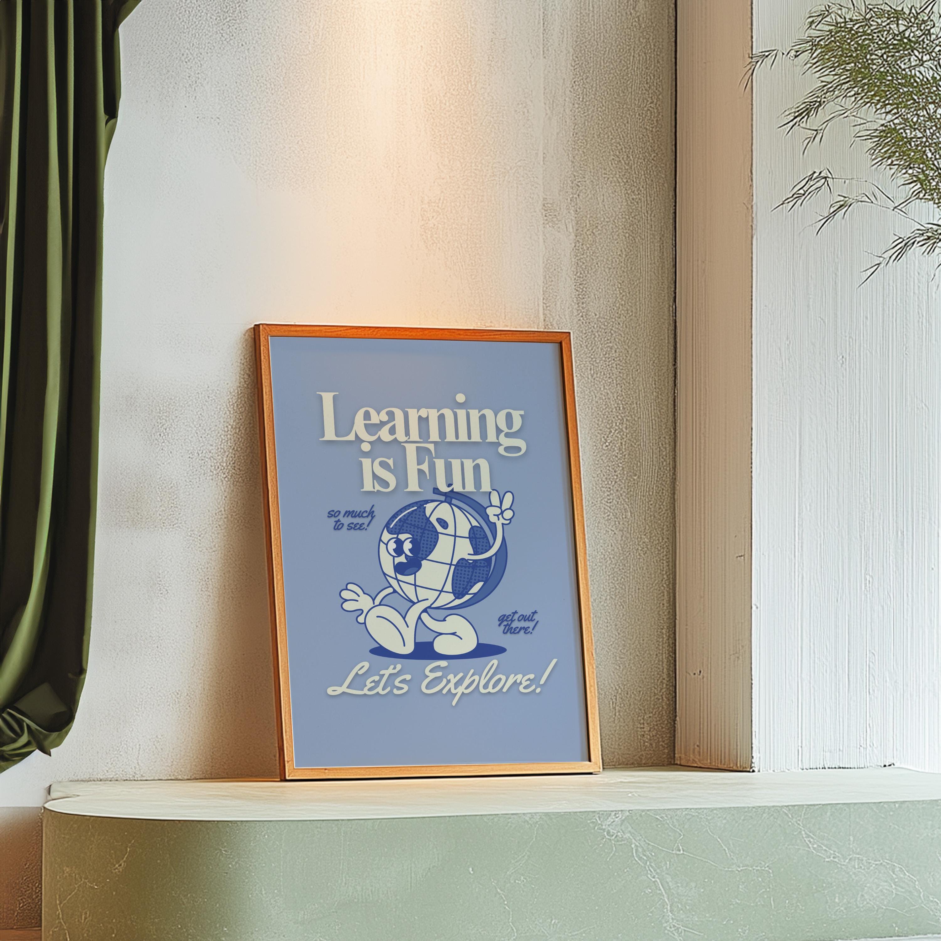 Go Explore Art, Classroom Art, Cute Retro Print, Globe Cartoon, Retro Mascot Print, Funky Groovy Minimal Blue Classroom Retro Poster