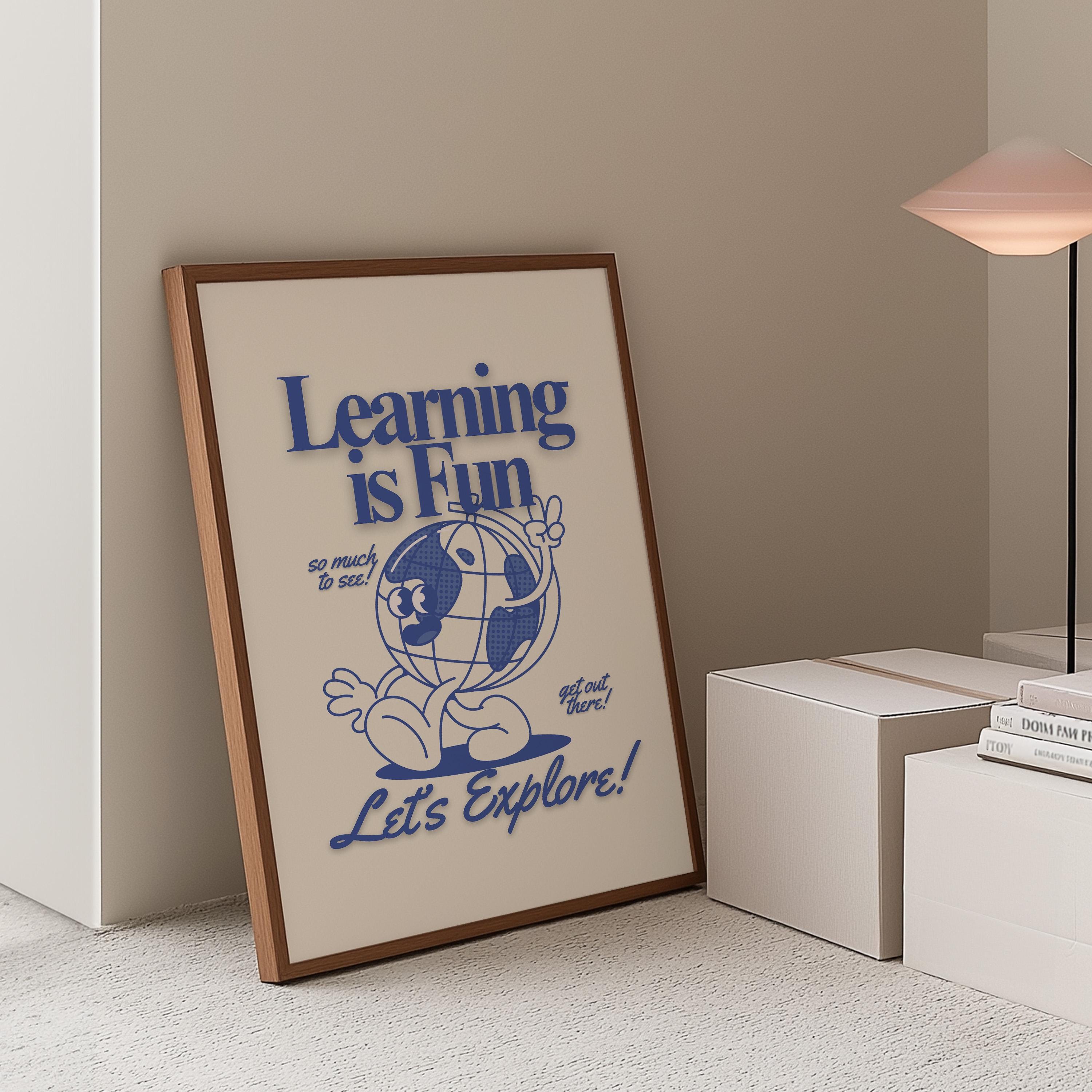 Go Explore Art, Classroom Art, Learning Is Fun Art, Globe Cartoon, Retro Mascot Print, Funky Groovy Minimal Blue Classroom Retro Poster