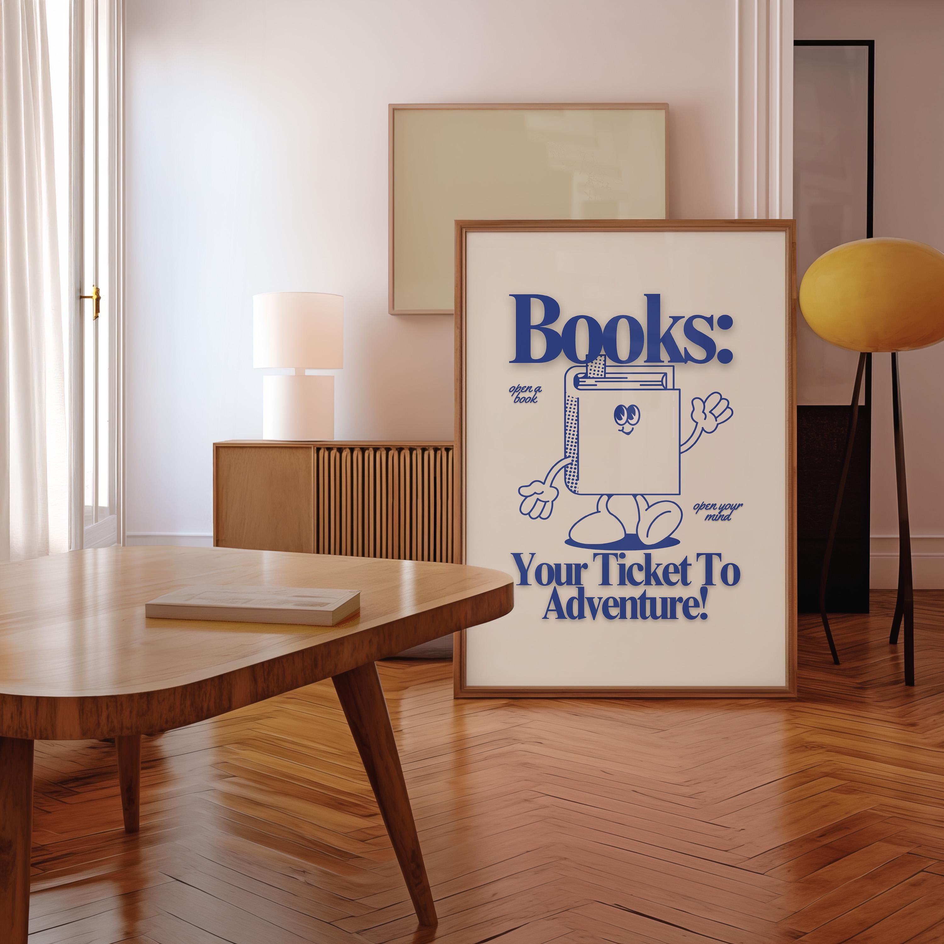 Reading Art Print - Cute Retro Classroom Art, Funky Groovy Blue Poster, Book Cartoon, Retro Mascot Wall Decor for Kids
