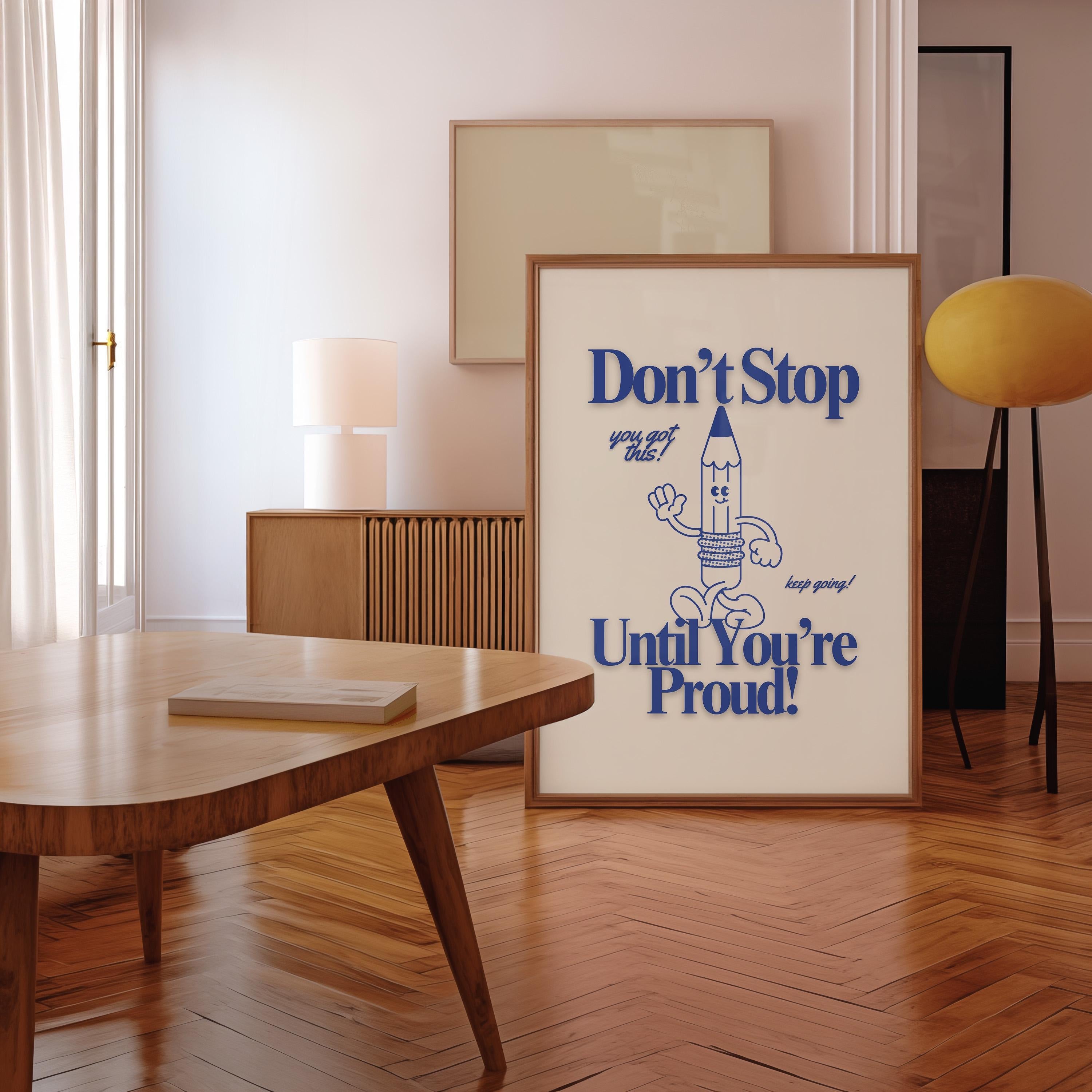 Keep Going Art: Cute Retro Print Classroom Poster, Funky Pencil Cartoon, Groovy Blue Decor, Retro Mascot Wall Art