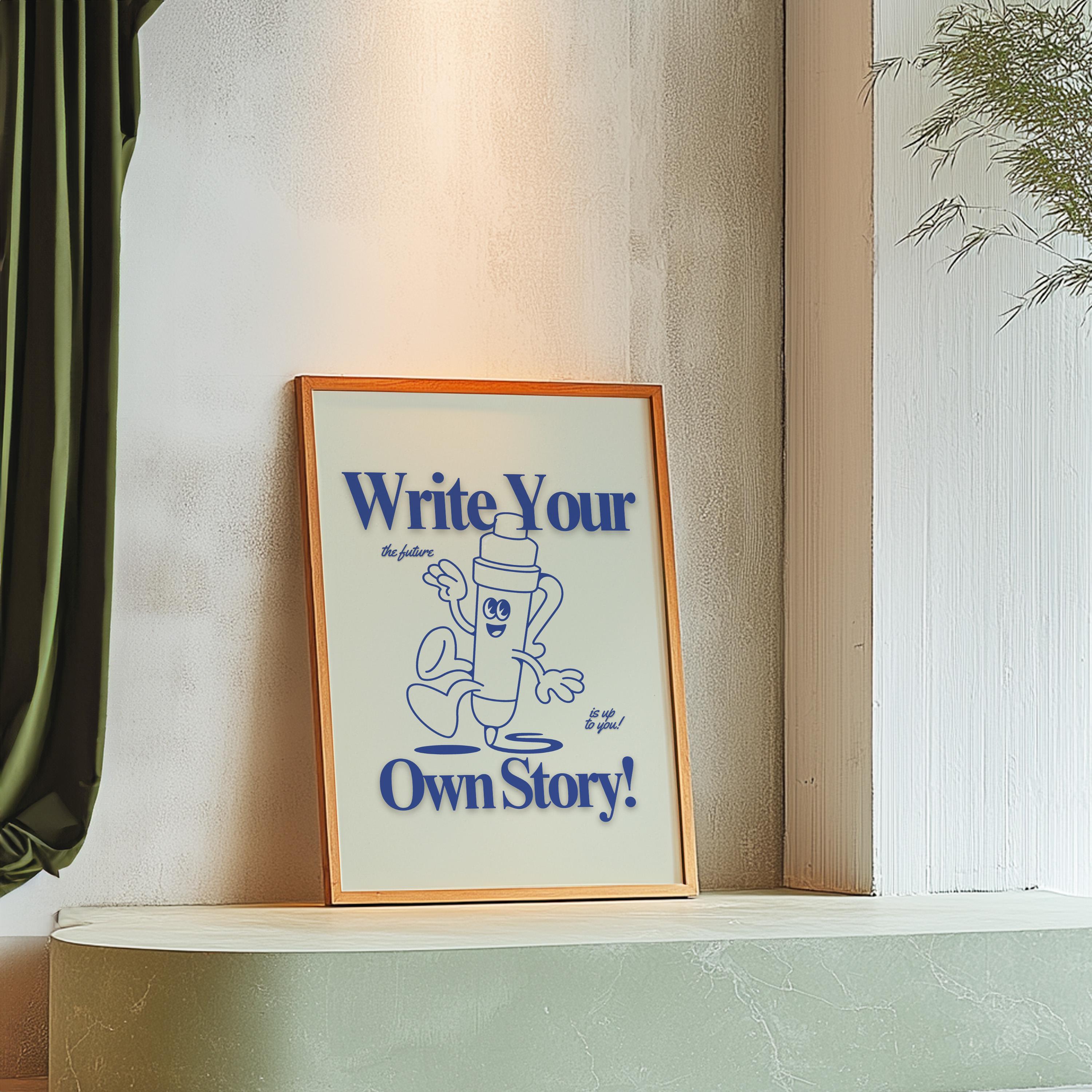 Writing Classroom Art: Cute Retro Print Classroom Poster, Funky Pencil Cartoon, Groovy Blue Decor, Retro Mascot Wall Art