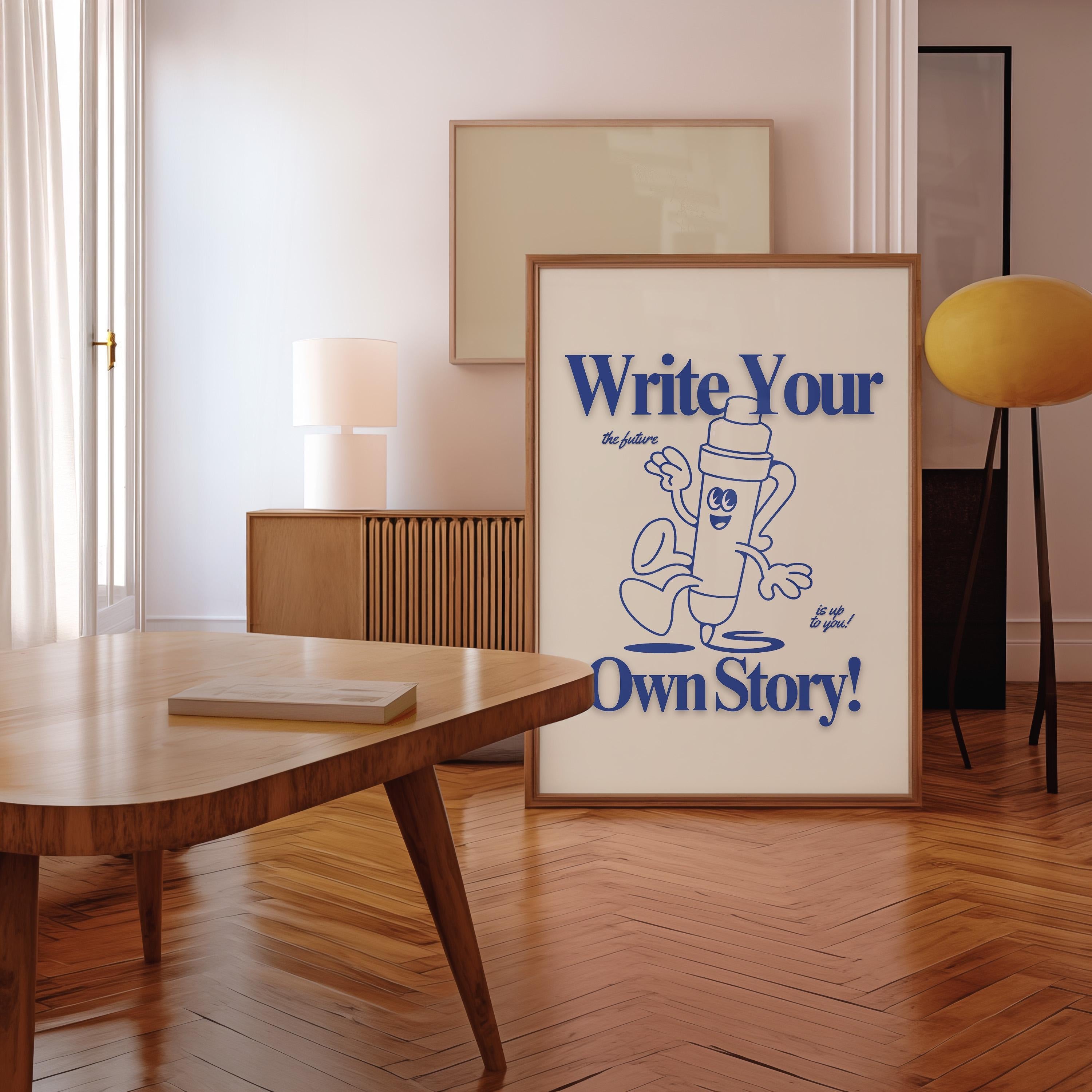 Writing Classroom Art: Cute Retro Print Classroom Poster, Funky Pencil Cartoon, Groovy Blue Decor, Retro Mascot Wall Art