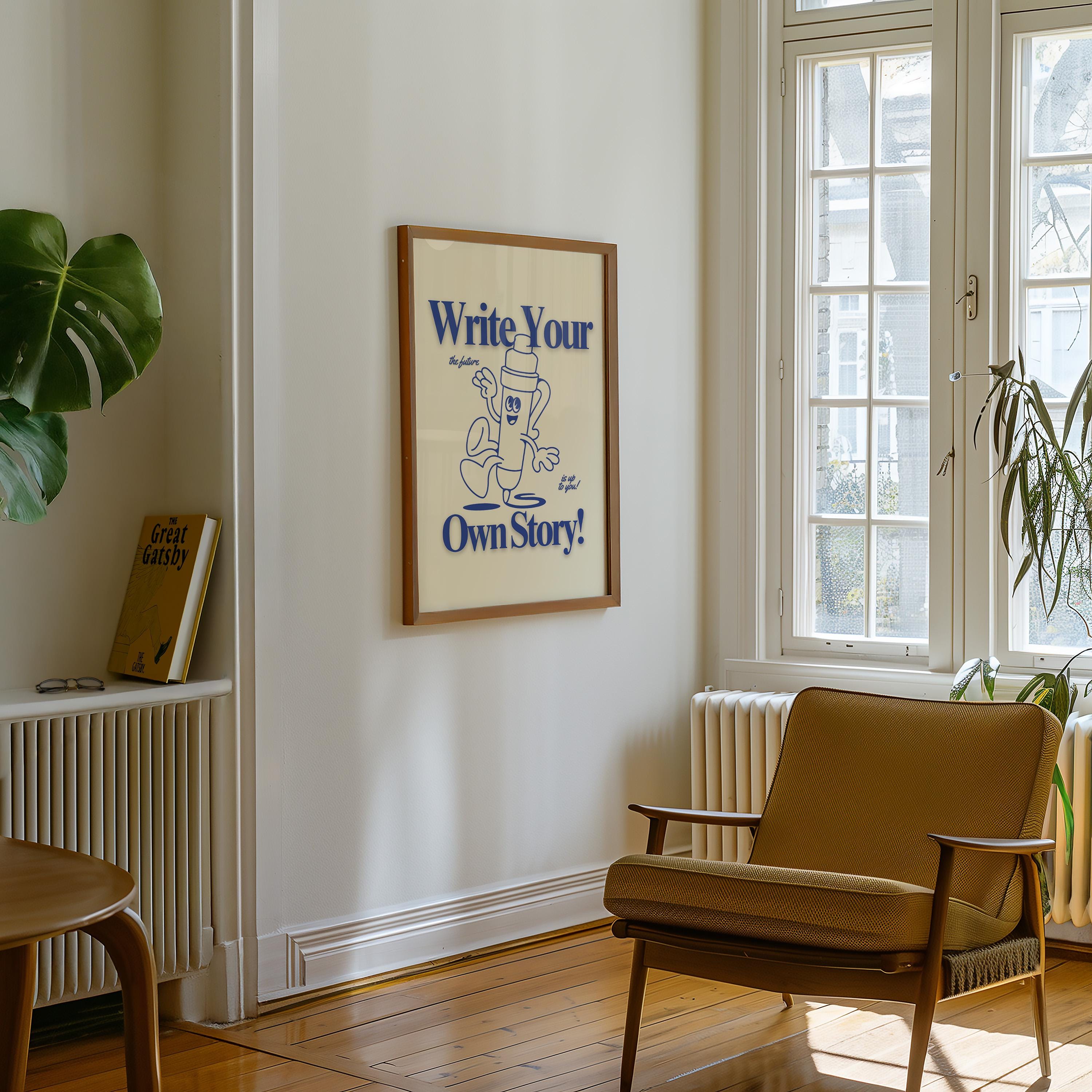 Writing Classroom Art: Cute Retro Print Classroom Poster, Funky Pencil Cartoon, Groovy Blue Decor, Retro Mascot Wall Art