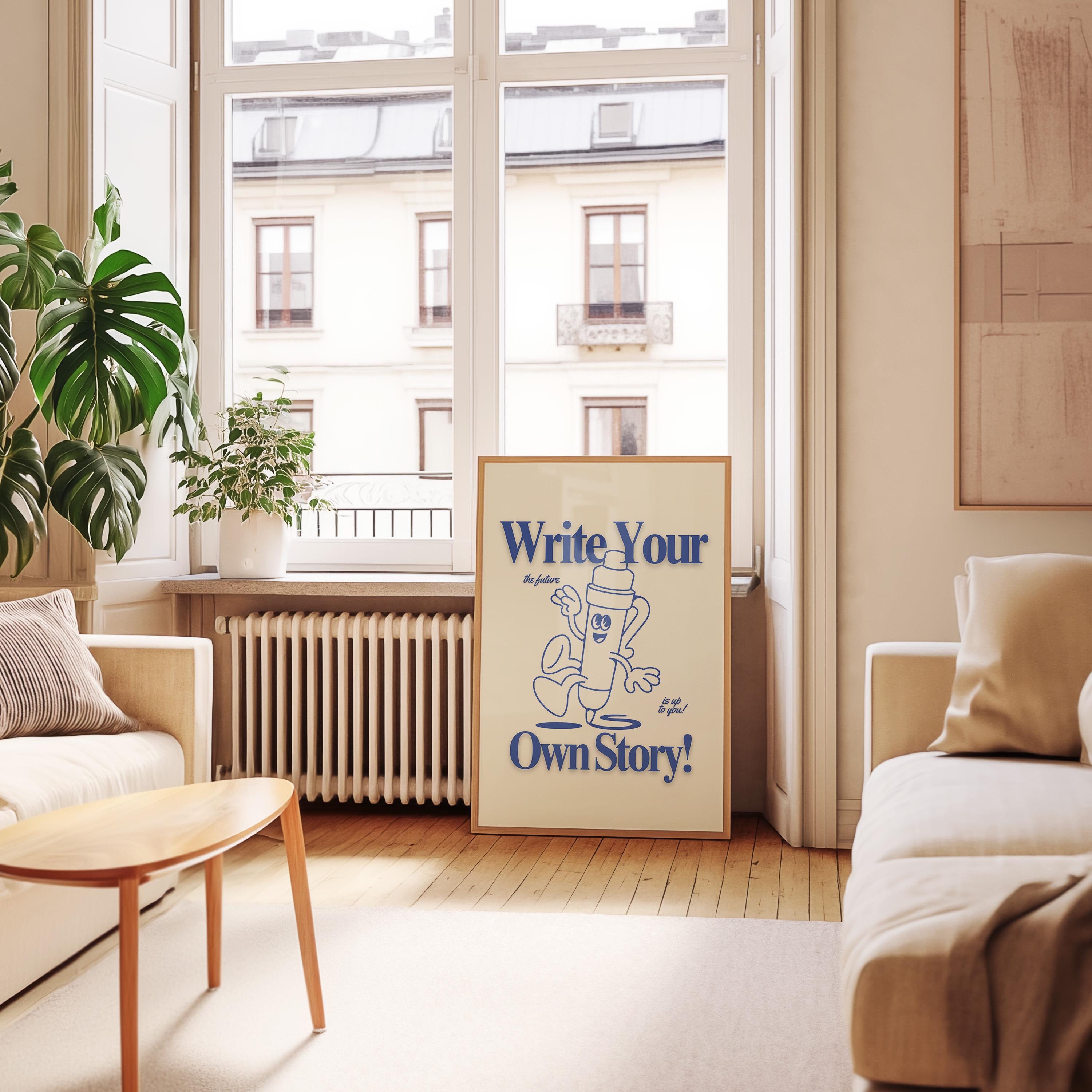 Writing Classroom Art: Cute Retro Print Classroom Poster, Funky Pencil Cartoon, Groovy Blue Decor, Retro Mascot Wall Art