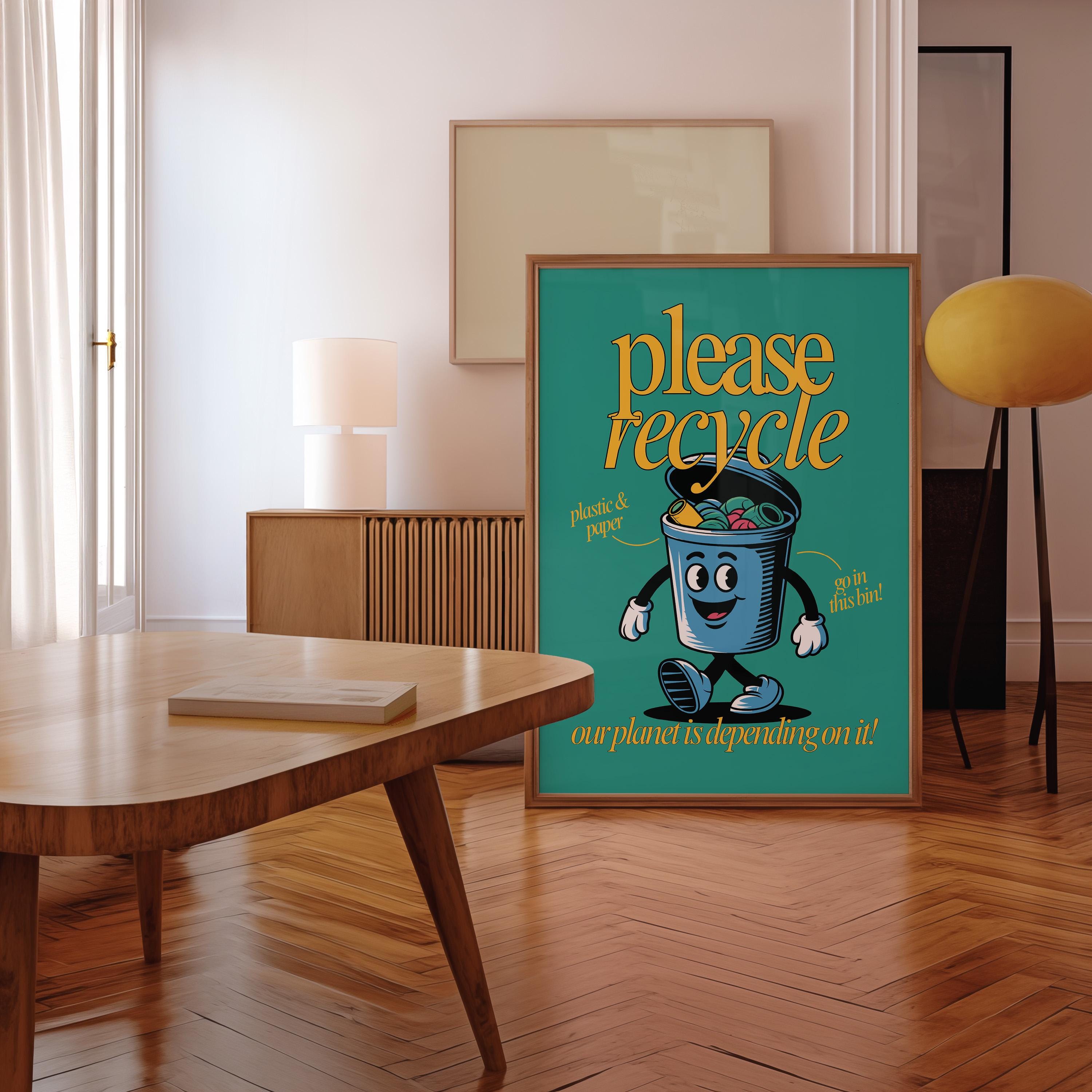 Recycle Art, Downloadable Print, Cartoon Art Print, Retro Character Art, Trendy Posters, Vintage Mascot Art, Cute Classroom Art Print