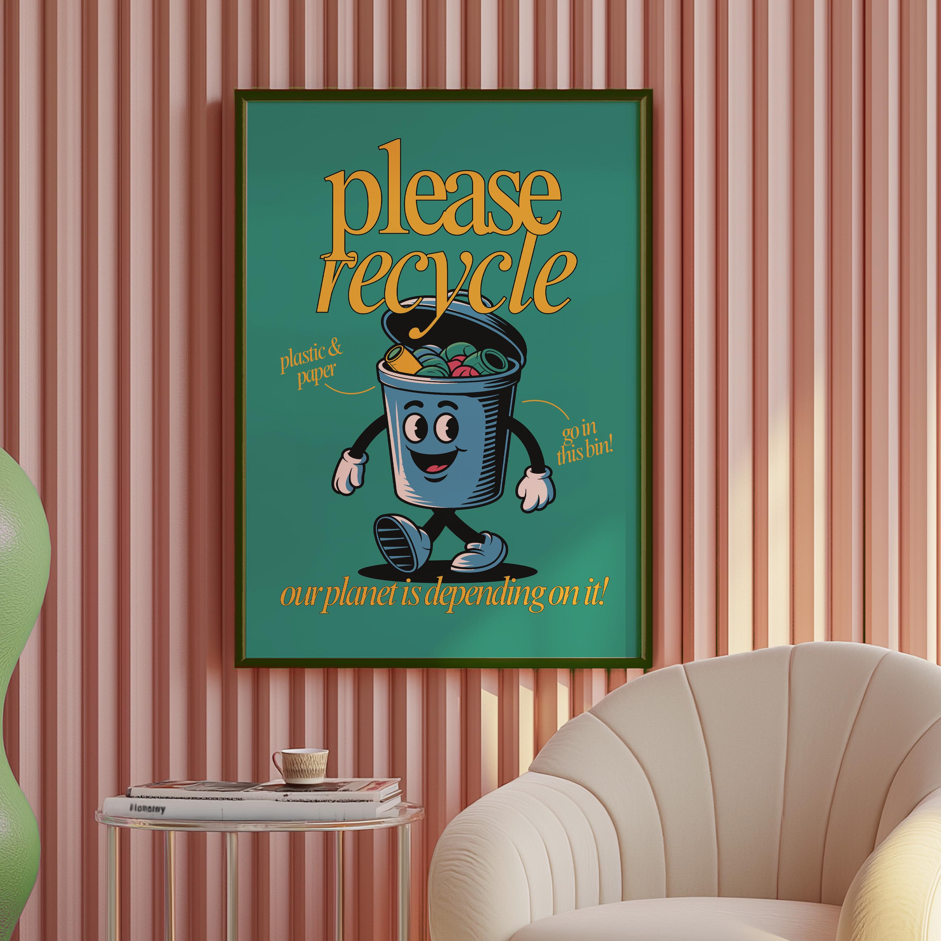 Recycle Art, Downloadable Print, Cartoon Art Print, Retro Character Art, Trendy Posters, Vintage Mascot Art, Cute Classroom Art Print