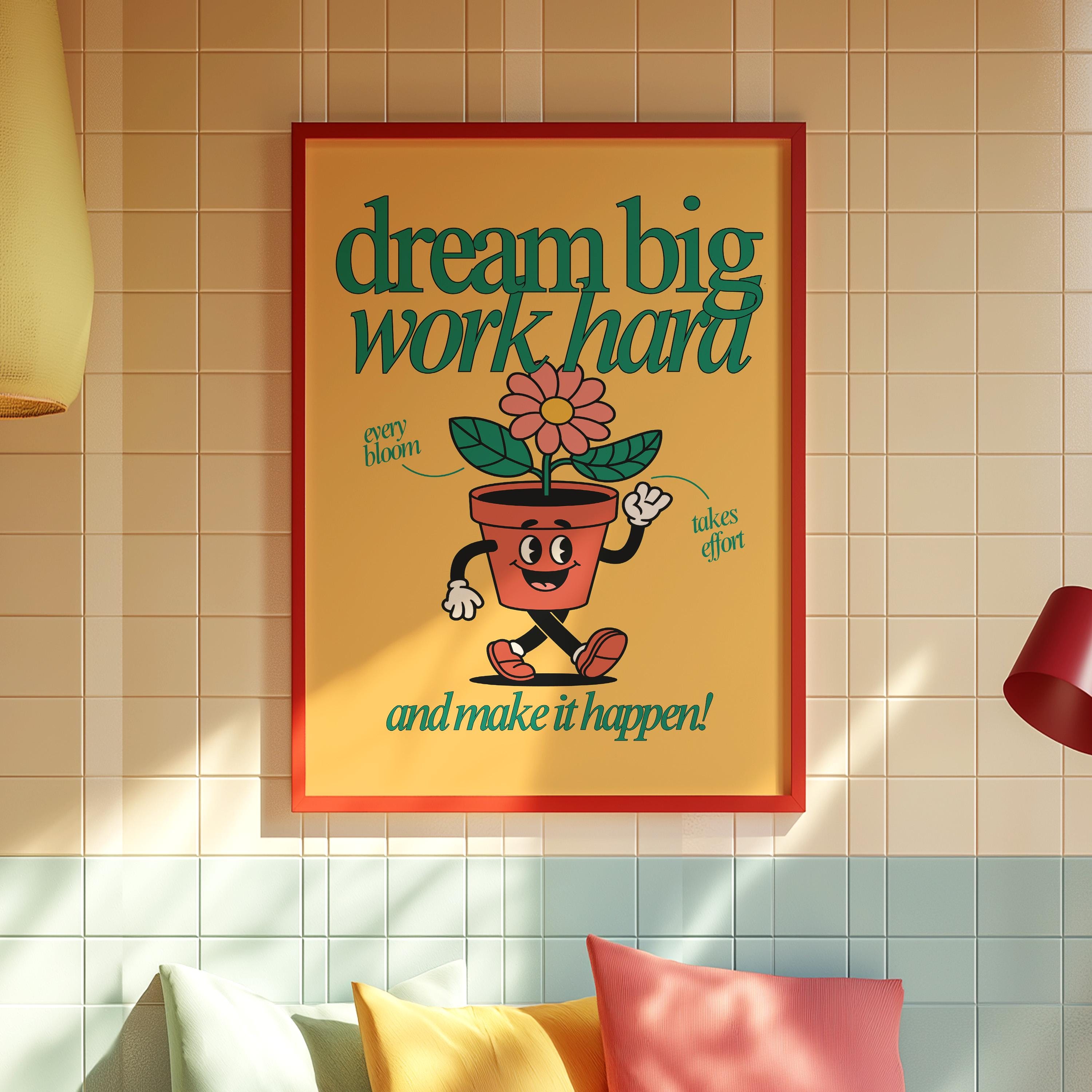 Classroom Art, Kids Room Art, Downloadable Print, Cartoon Art Print, Work hard Art Print, Trendy Posters, Vintage Mascot, Cute Positive Art