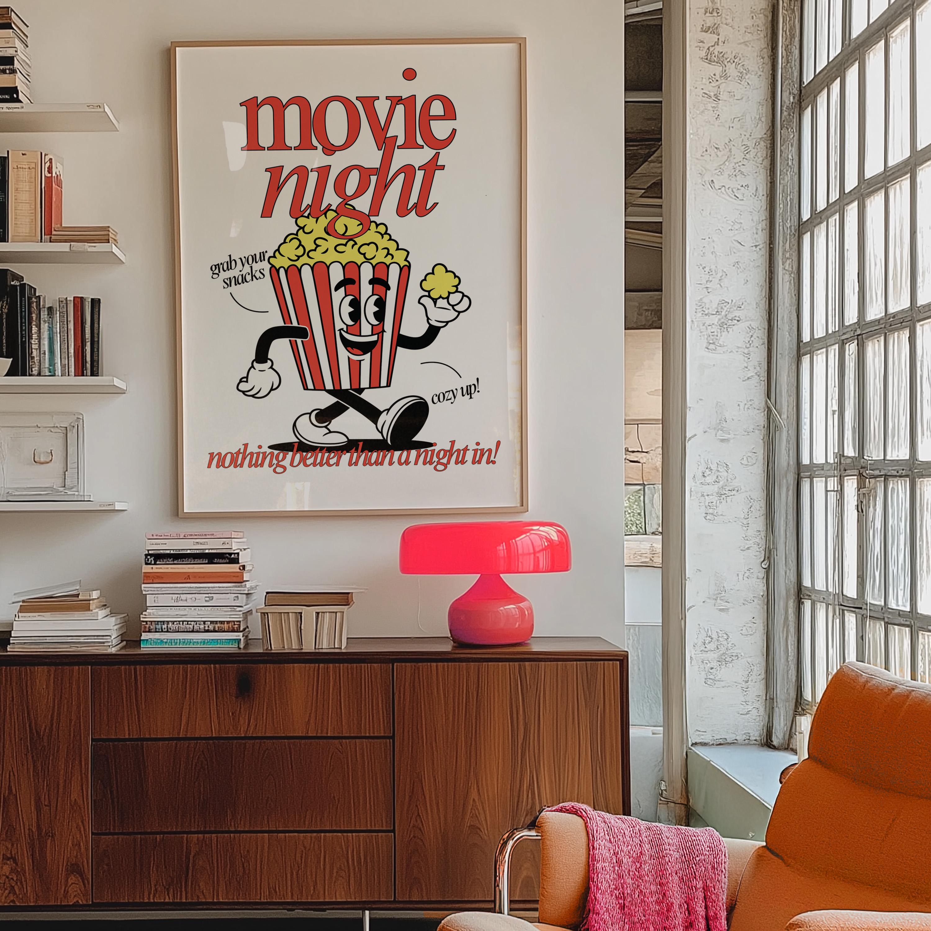 Retro Popcorn Art Print, Cute Retro Print, Gift for Movie Lovers, Vintage Mascot Print, Movie Night Poster, Positive Art, Living Room Art