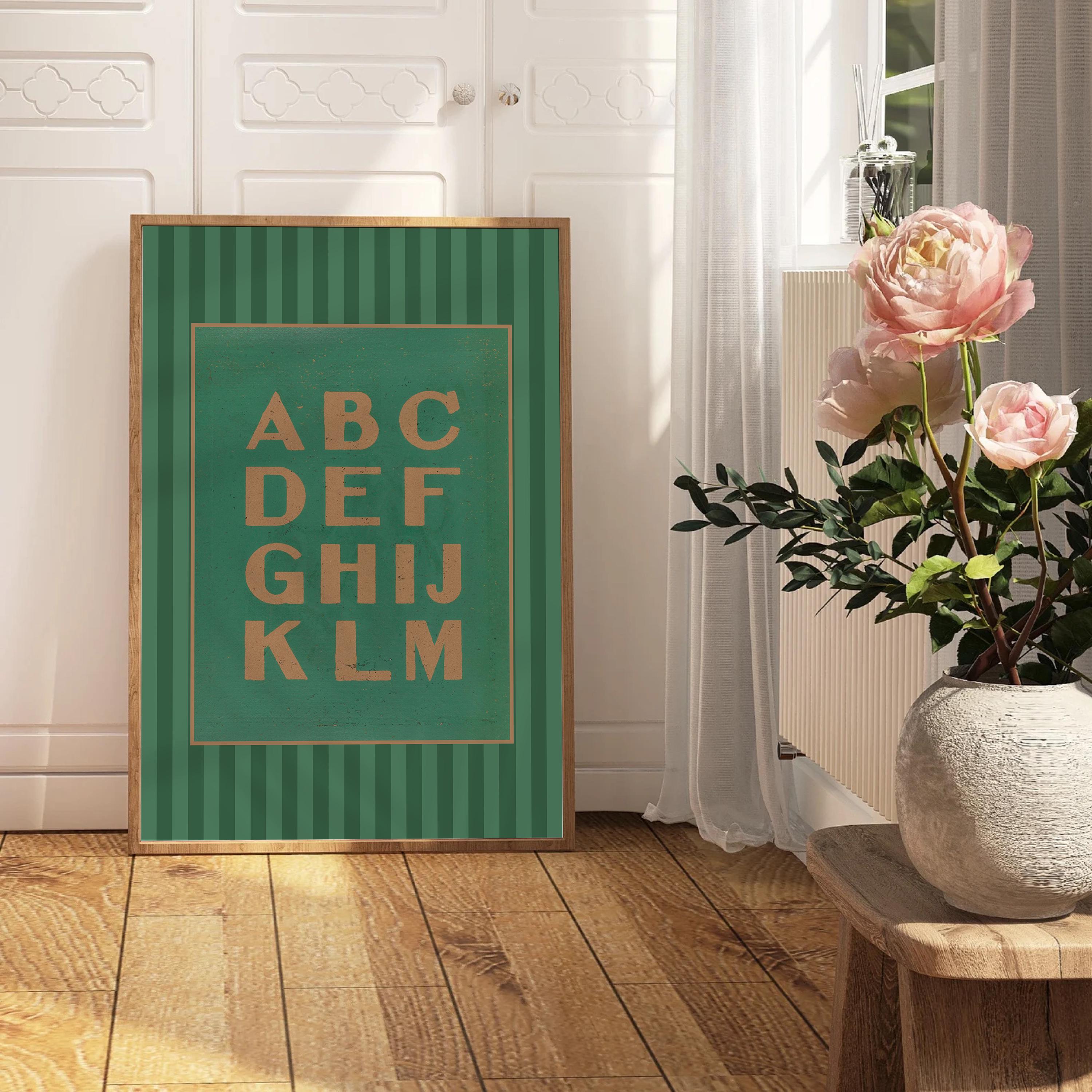 Green kids art, vintage art print, whimsical vintage aesthetic, coquette nursery decor, alphabet decor, alphabet art, playroom decor