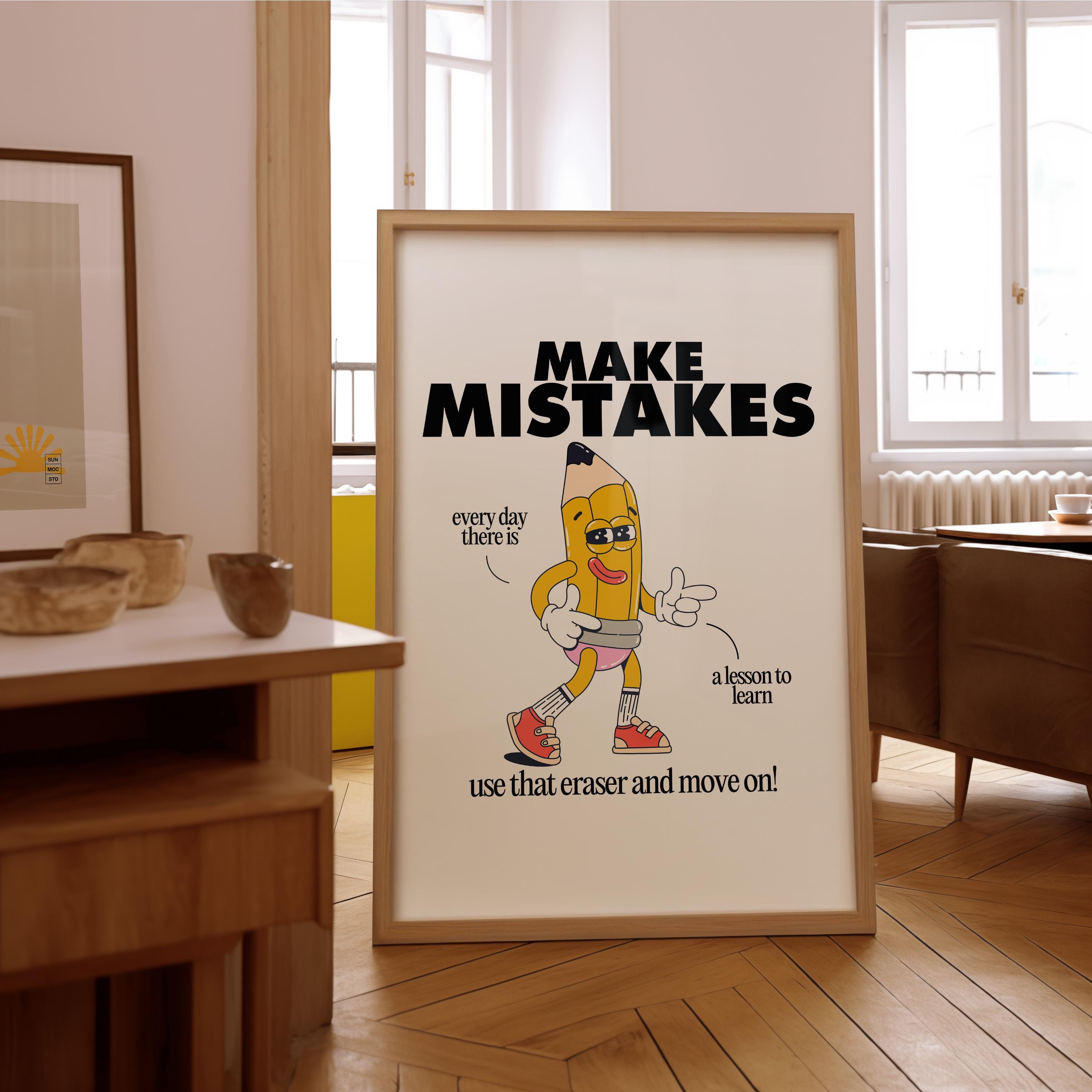 Classroom Art, Kids Room Art, Digital Print, Cartoon Art Print, Make Mistakes Art, Vintage Mascot Art, Cute Positive Art, Classroom Decor