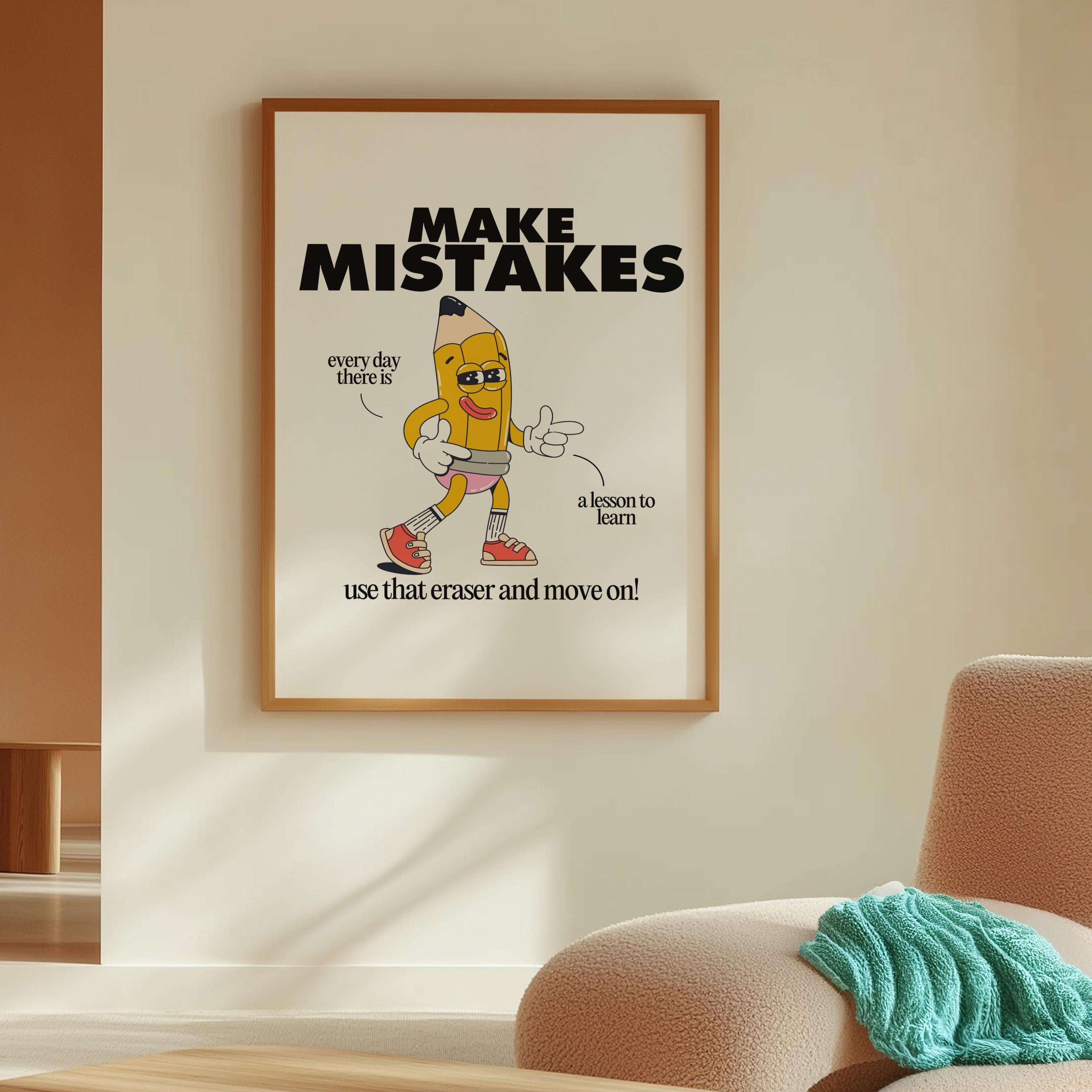 Classroom Art, Kids Room Art, Digital Print, Cartoon Art Print, Make Mistakes Art, Vintage Mascot Art, Cute Positive Art, Classroom Decor