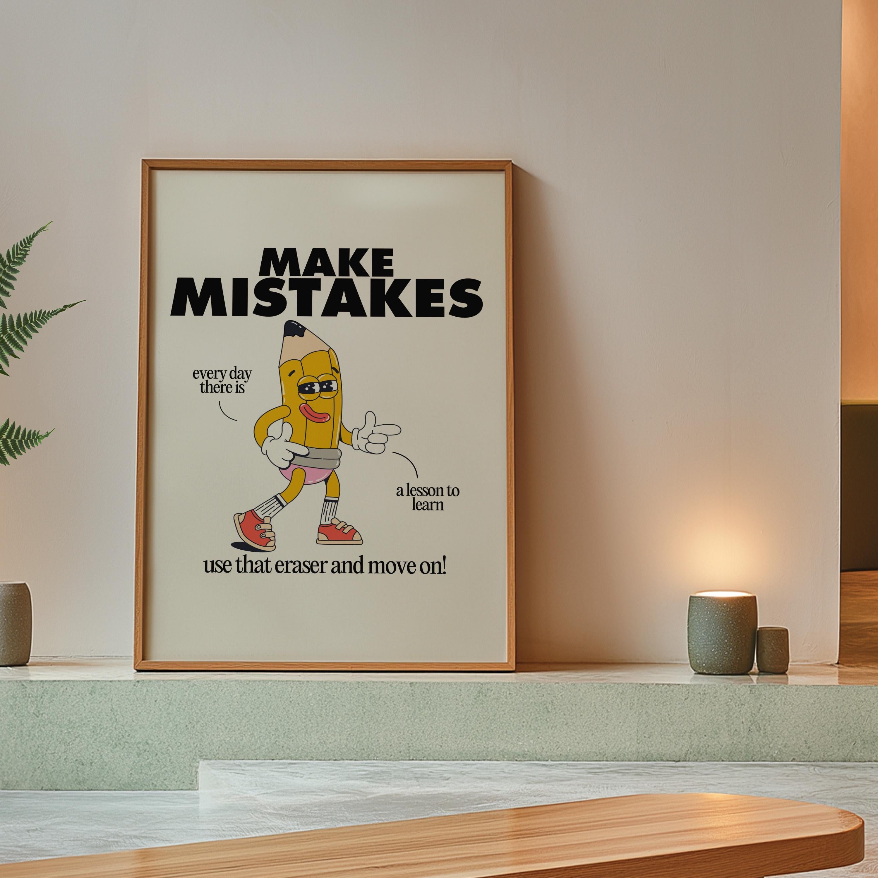 Classroom Art, Kids Room Art, Digital Print, Cartoon Art Print, Make Mistakes Art, Vintage Mascot Art, Cute Positive Art, Classroom Decor