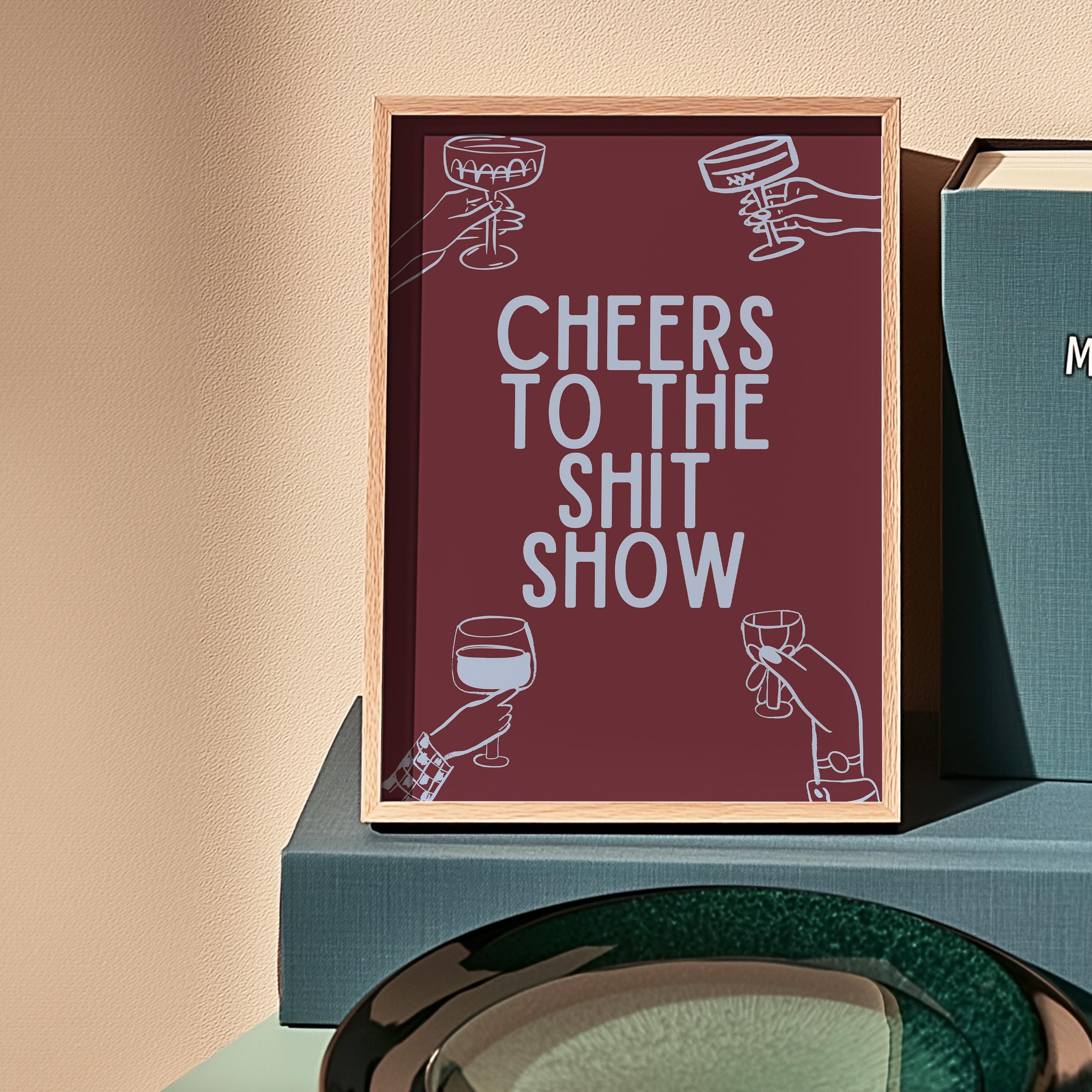 Maroon Cheers Sign, Preppy Pink Wall Art for Bar Cart Decor & Print, Cheerful Printable Wall Art for Home or Bar Cart, Bar Cart Decor