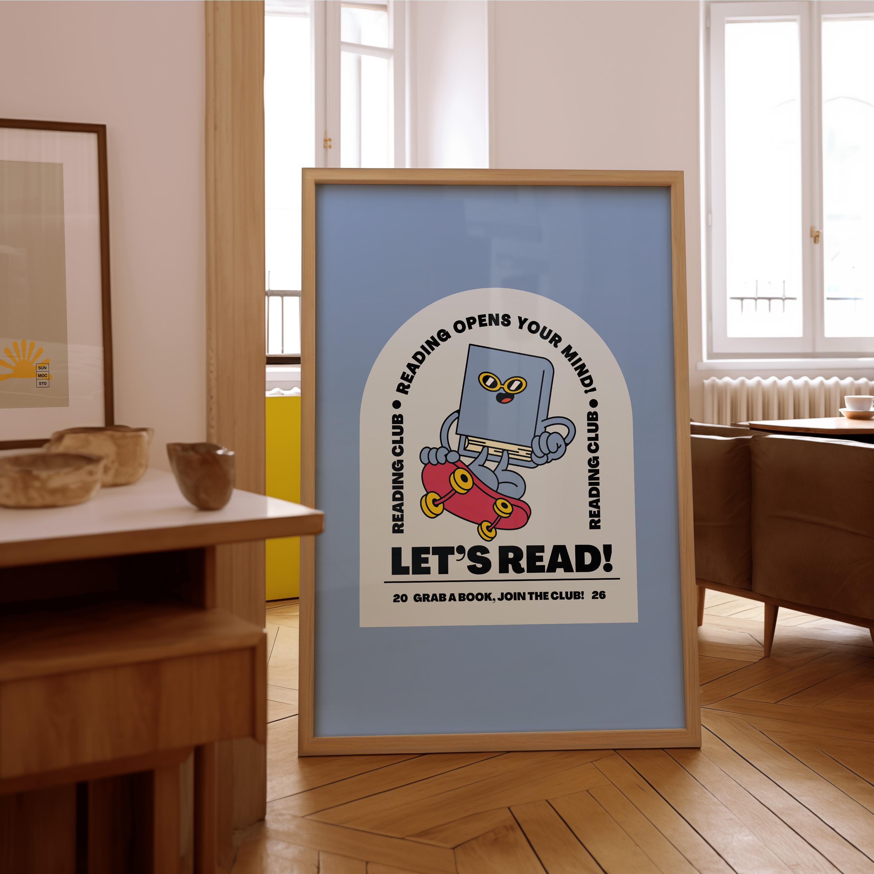 Book Club Art Print - Cute Retro Classroom Art, Funky Groovy Blue Poster, Book Cartoon, Retro Mascot Wall Decor for Kids