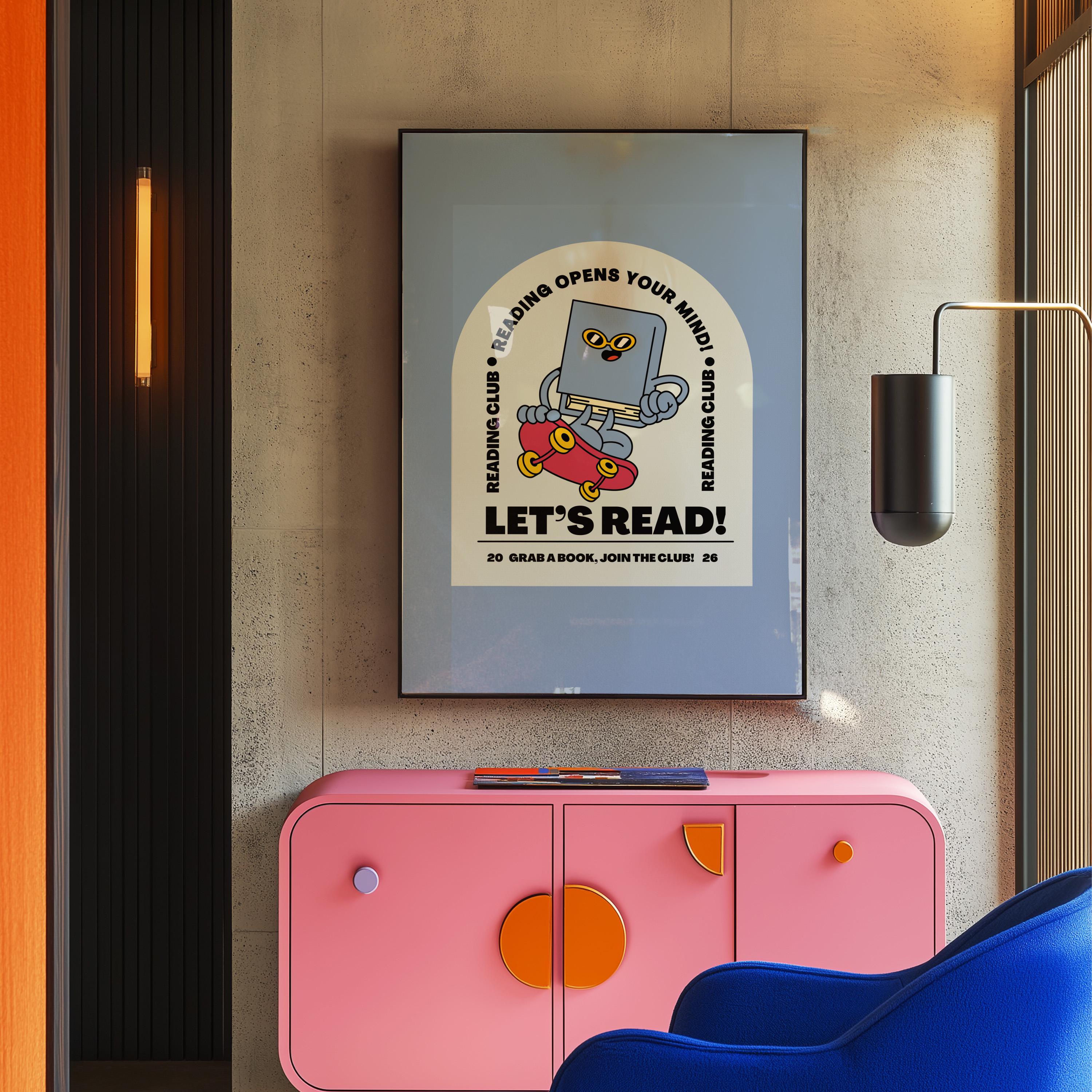 Book Club Art Print - Cute Retro Classroom Art, Funky Groovy Blue Poster, Book Cartoon, Retro Mascot Wall Decor for Kids
